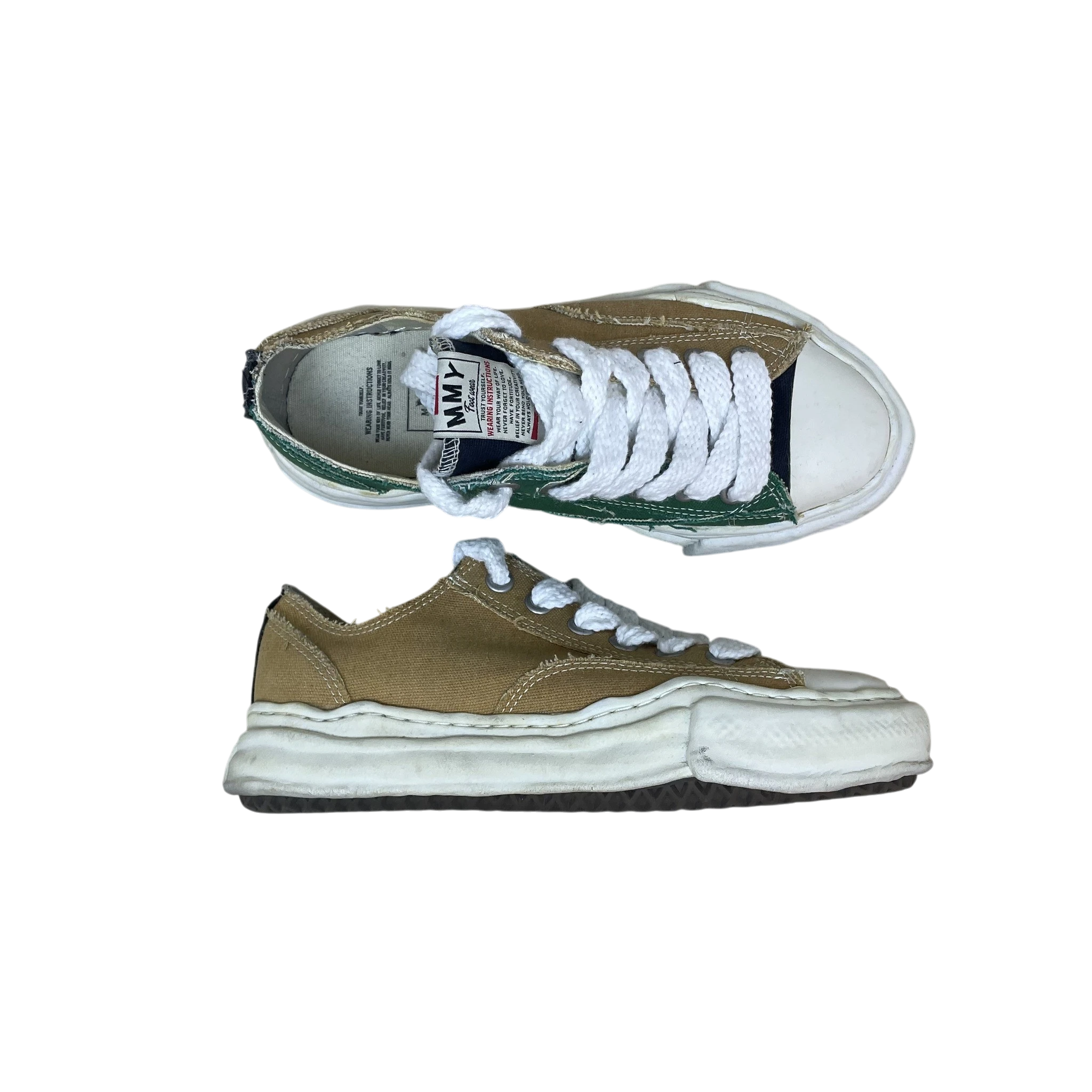 Zenno Archive Maison Mihara Yasuhiro overdyed canvas low-top sneakers with signature distorted white rubber soles.