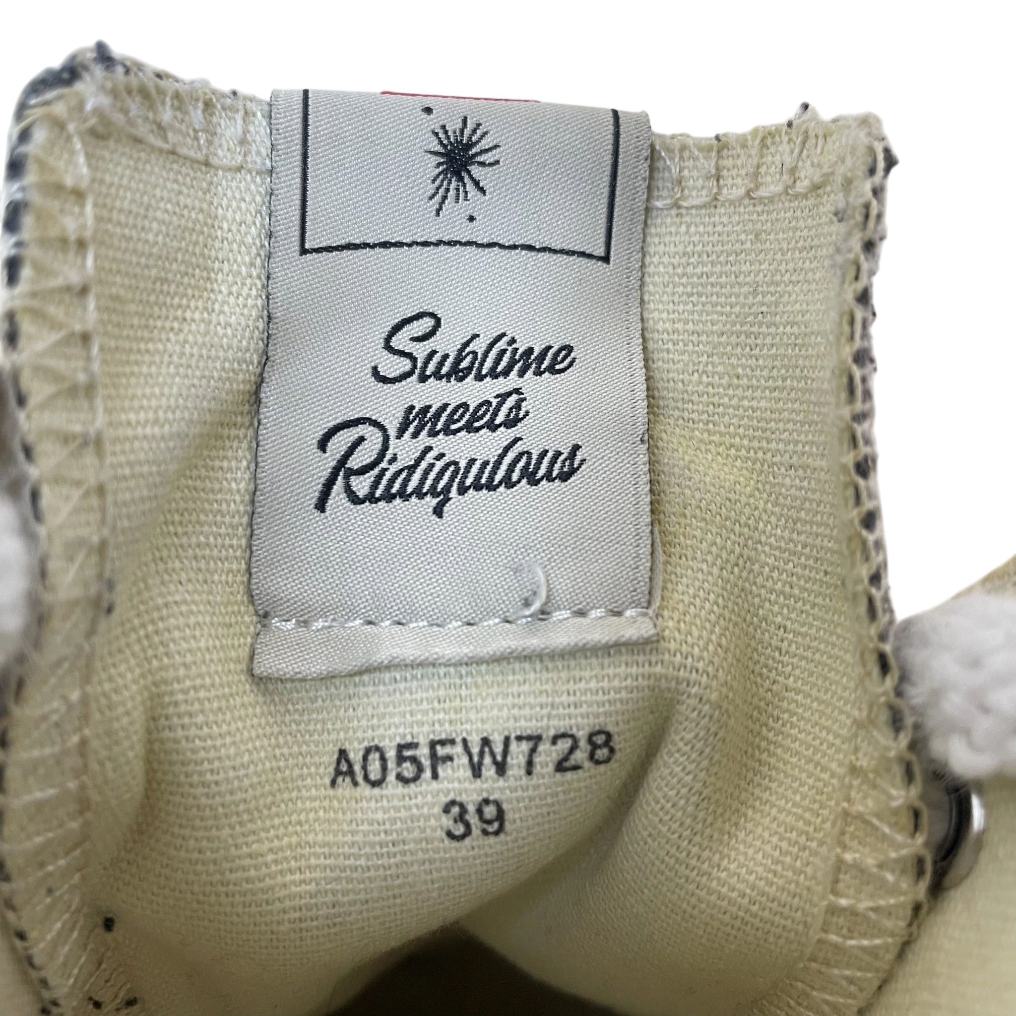 Zenno Archive Maison Mihara Yasuhiro sneaker tongue label with Sublime meets Ridiculous text and size 39