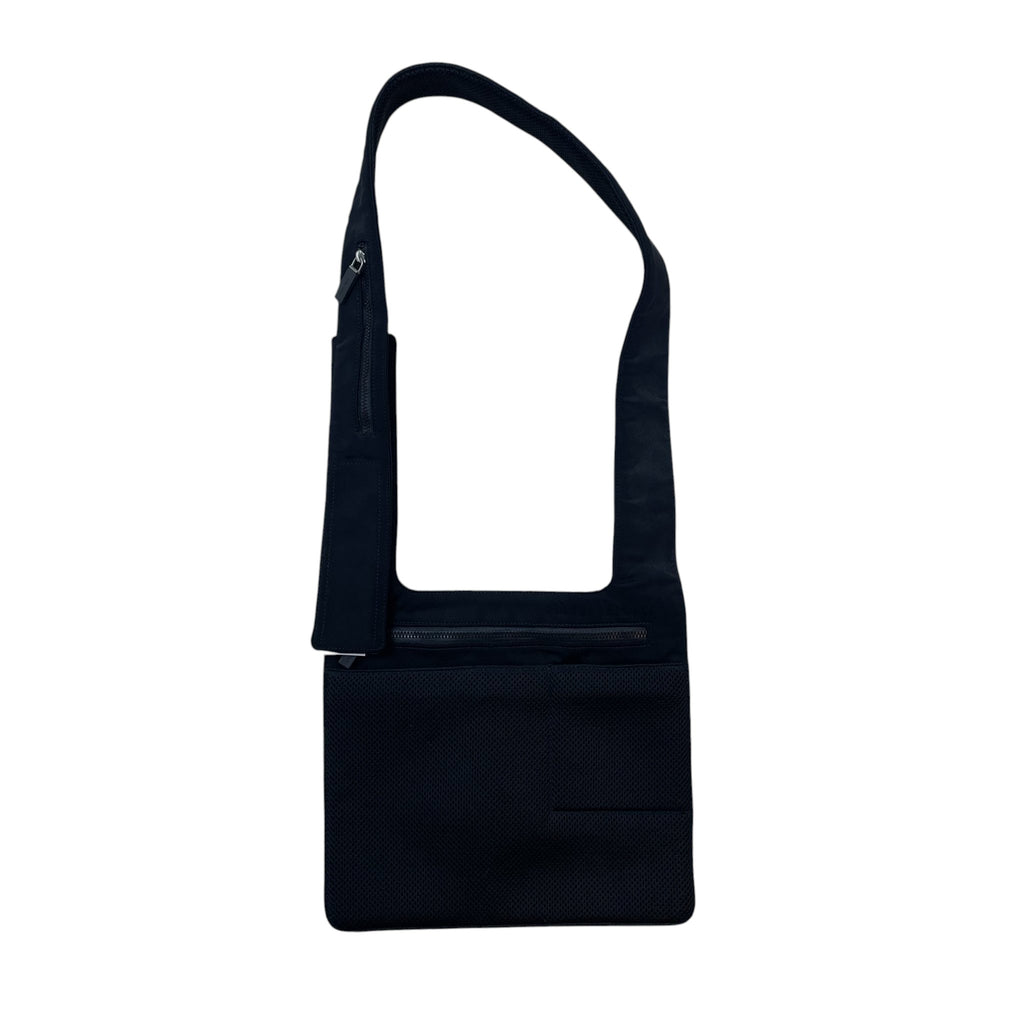 Zenno Archive Miu Miu SS1999 black mesh satchel bag with a tactical crossbody strap and zippered pocket
