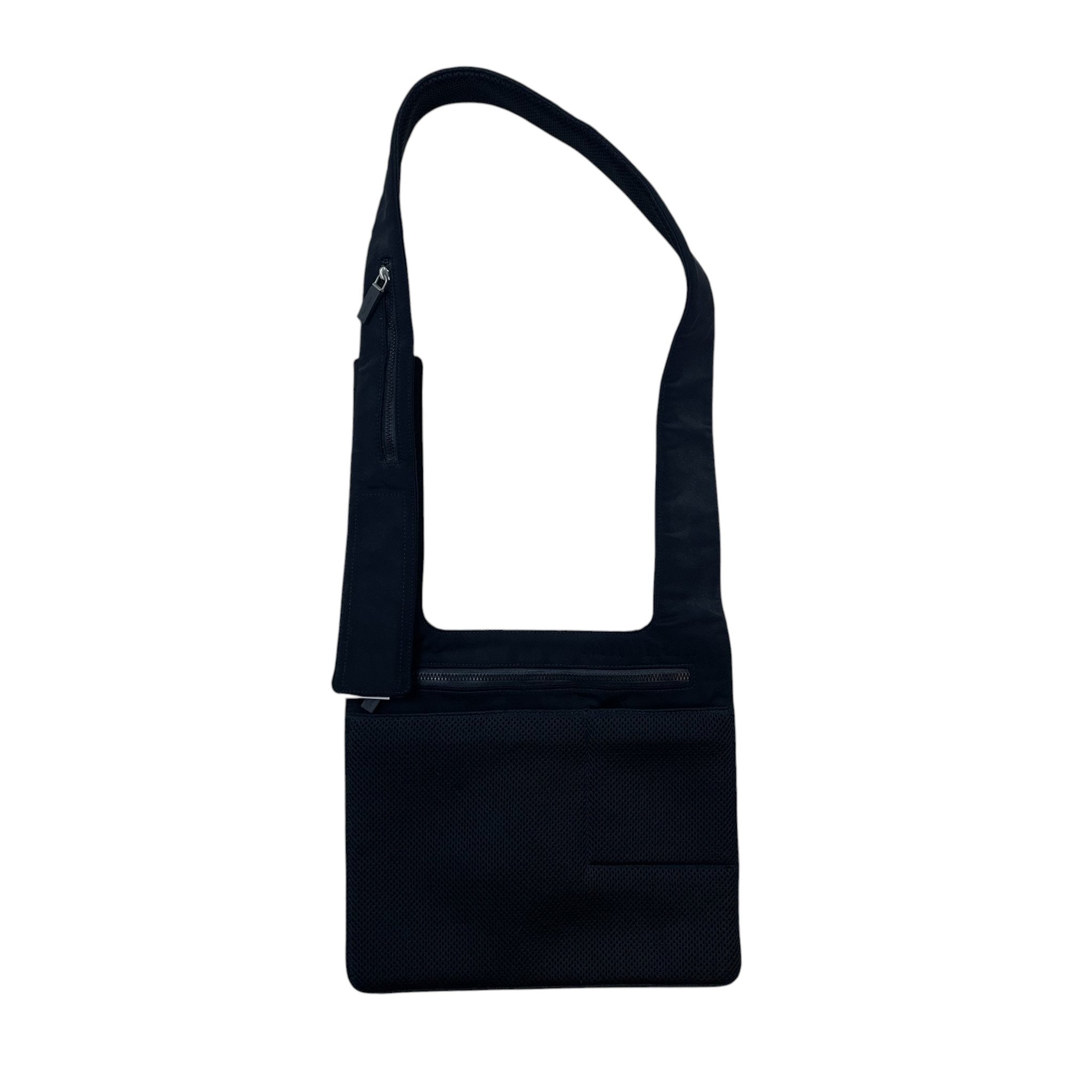Zenno Archive Miu Miu SS1999 black mesh satchel bag with a tactical crossbody strap and zippered pocket