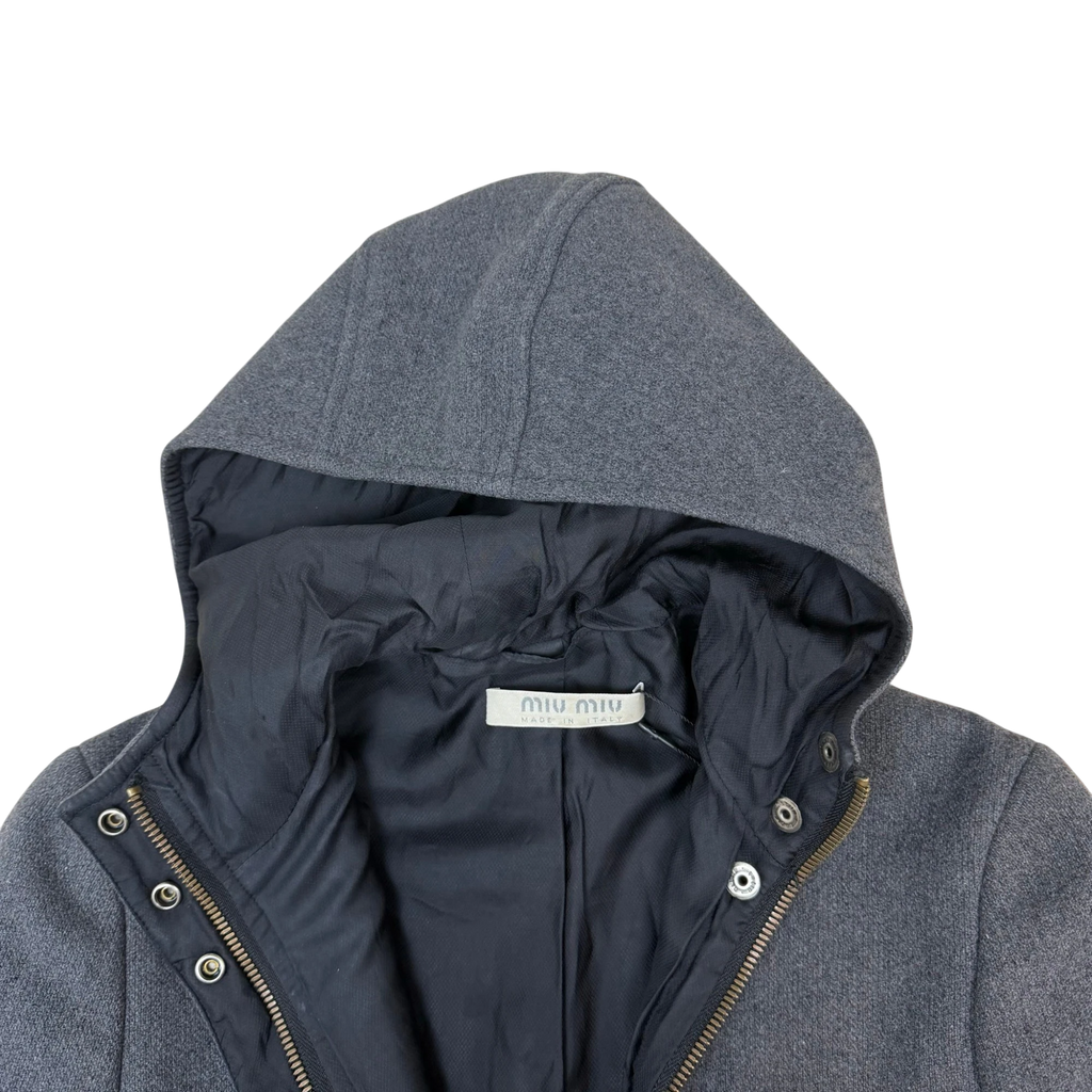 Zenno Archive Miu Miu FW98 grey wool hooded coat with black lining and metal zipper detail
