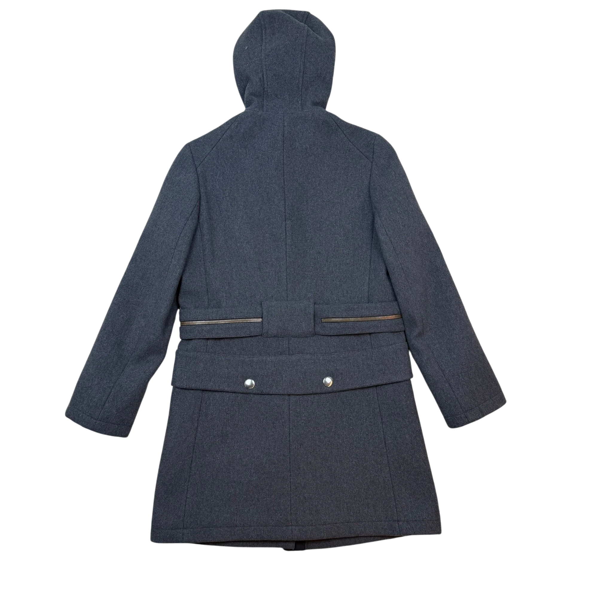 Zenno Archive Miu Miu FW98 grey wool hooded coat with back zipper detail and silver button accents