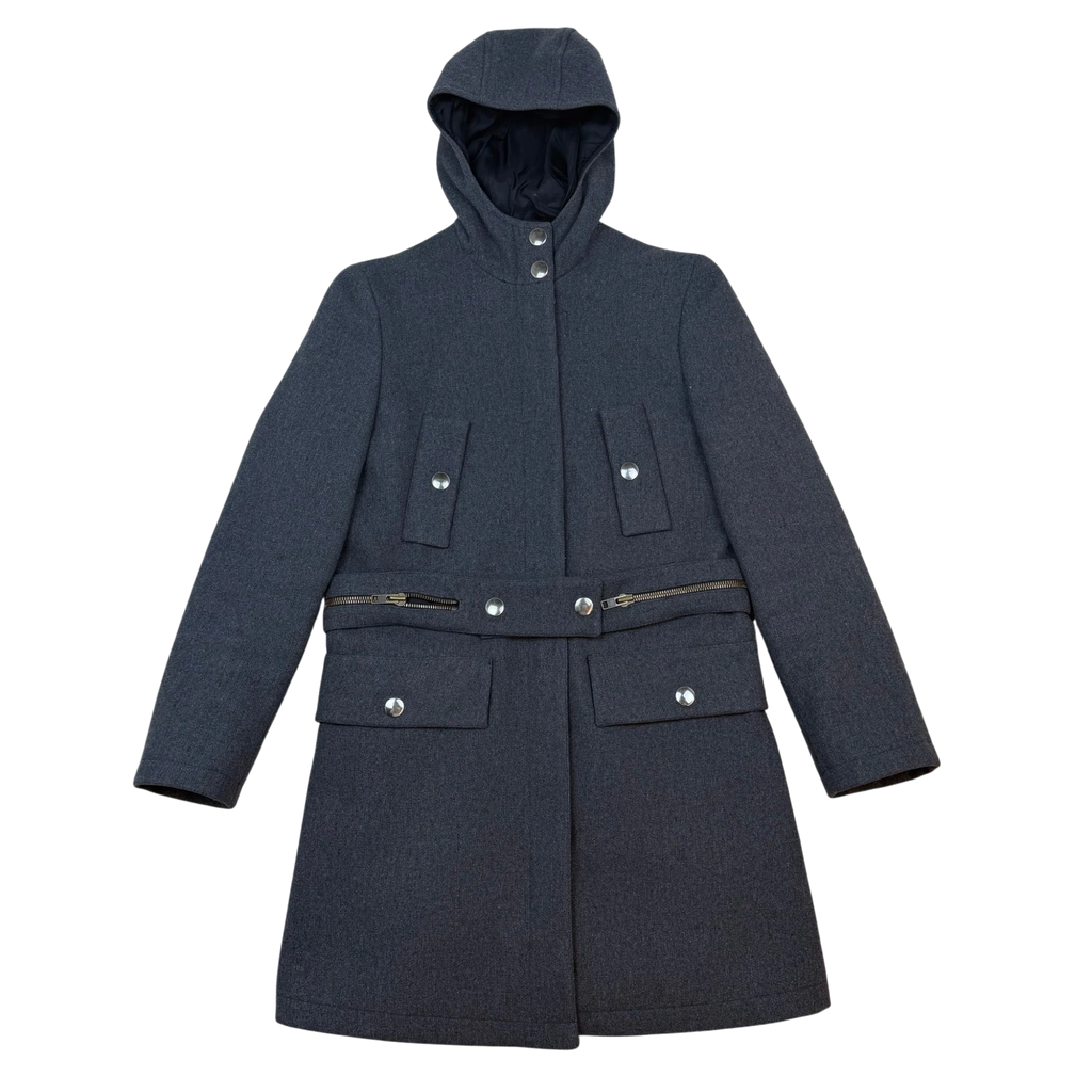 Zenno Archive Miu Miu FW98 grey wool hooded coat with silver hardware and front pockets
