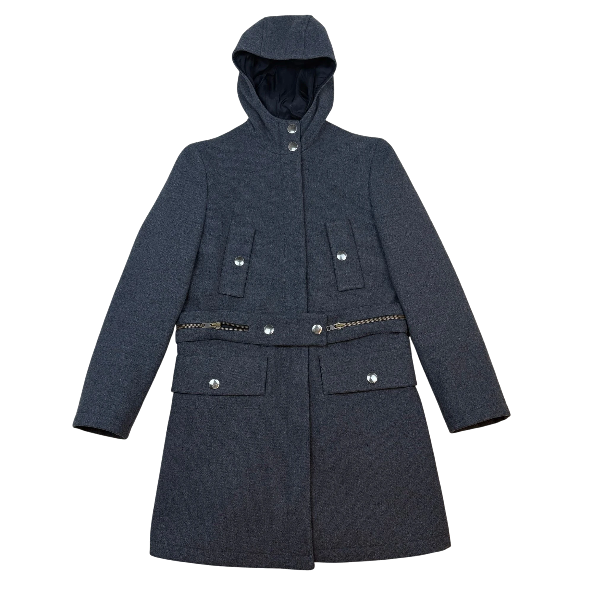 Zenno Archive Miu Miu FW98 grey wool hooded coat with silver hardware and front pockets