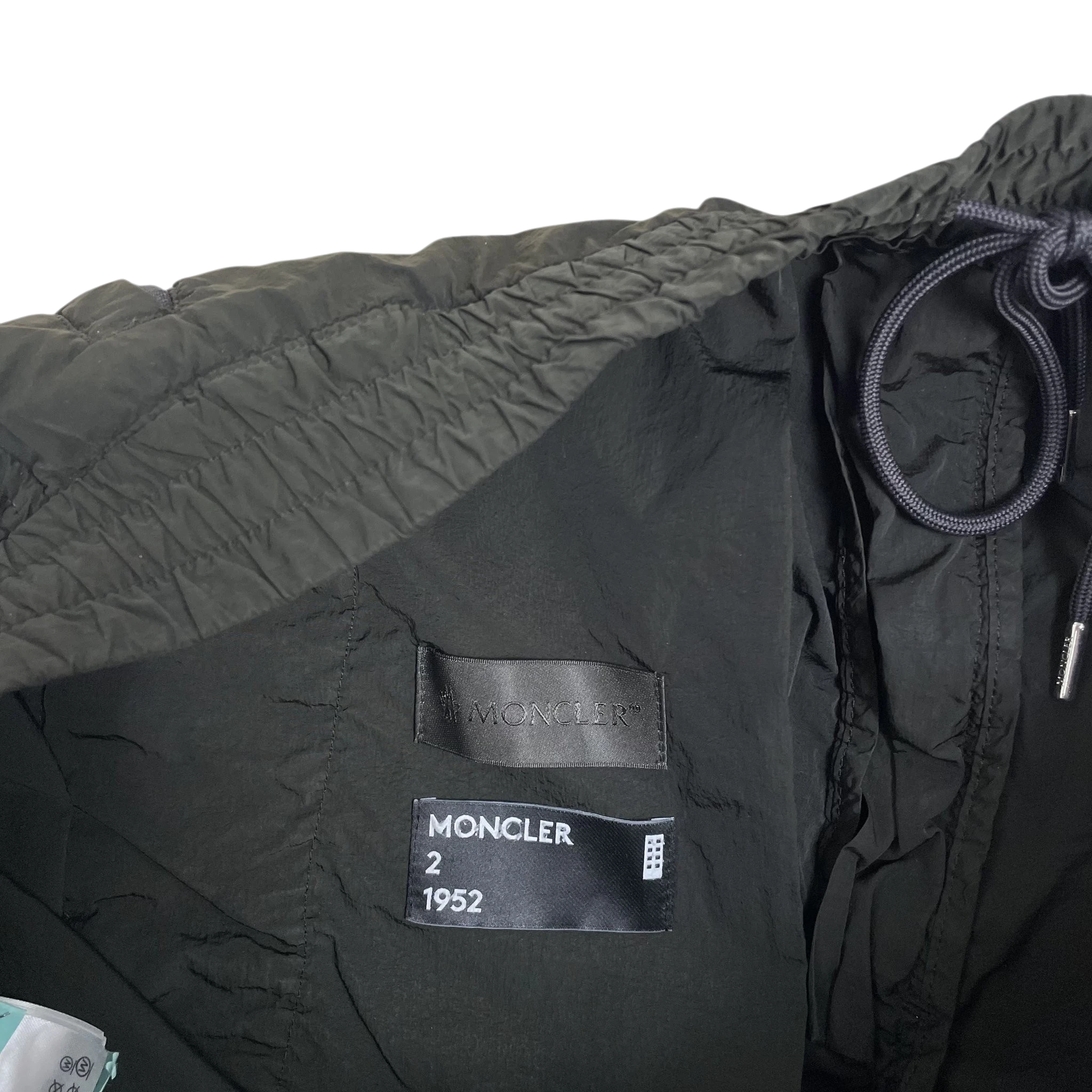 Zenno Archive Moncler 1952 dark green nylon pants interior label and drawstring detail