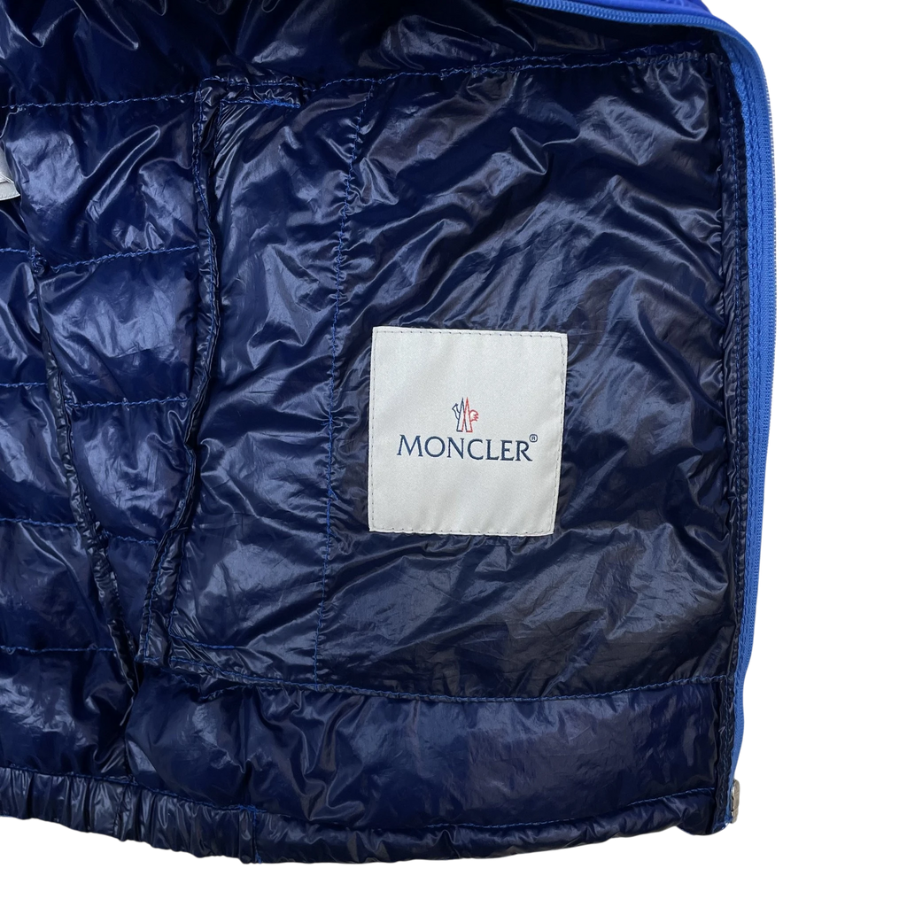 Zenno Archive Moncler Dominic Giubotto down jacket in cobalt blue featuring the signature interior brand label