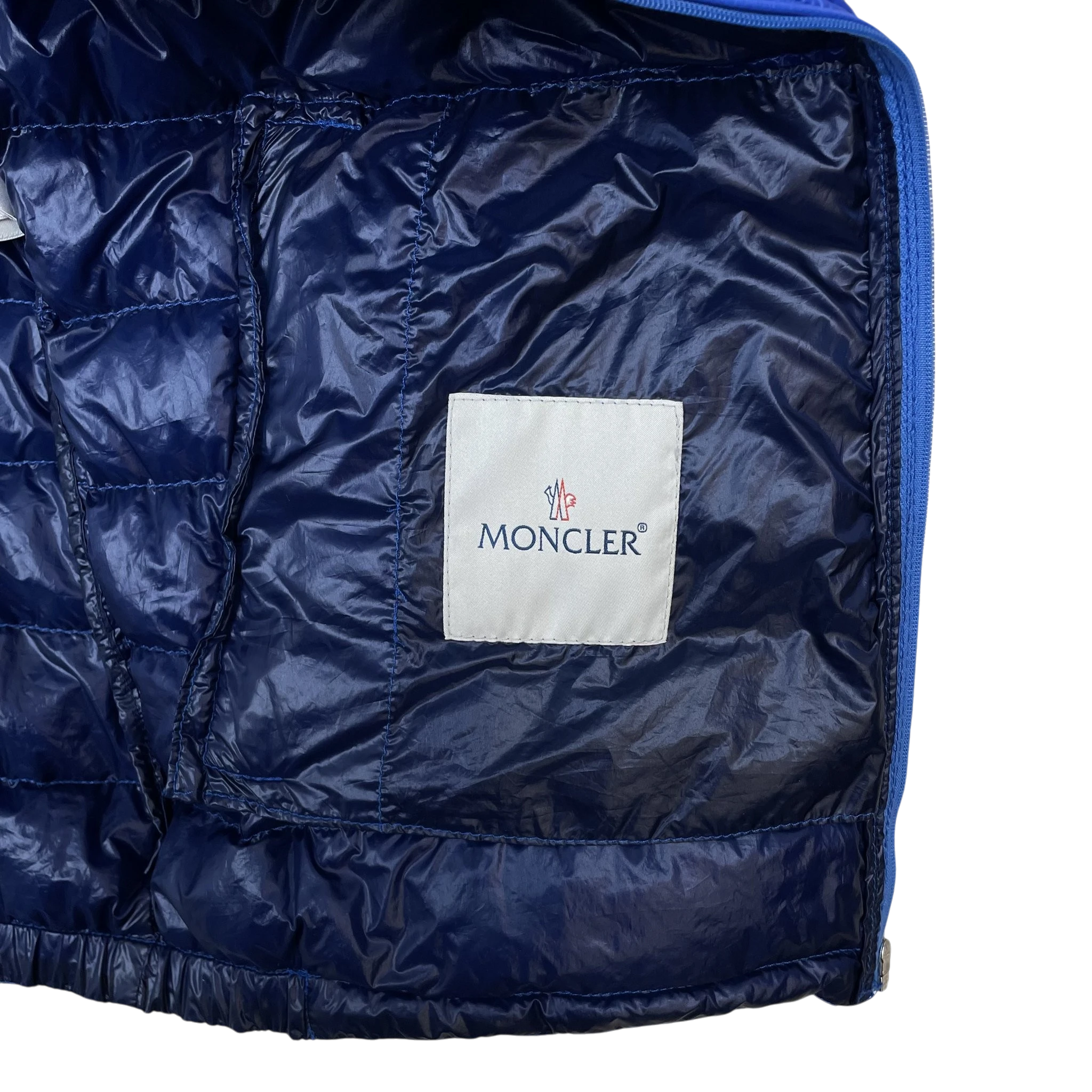 Zenno Archive Moncler Dominic Giubotto down jacket in cobalt blue featuring the signature interior brand label