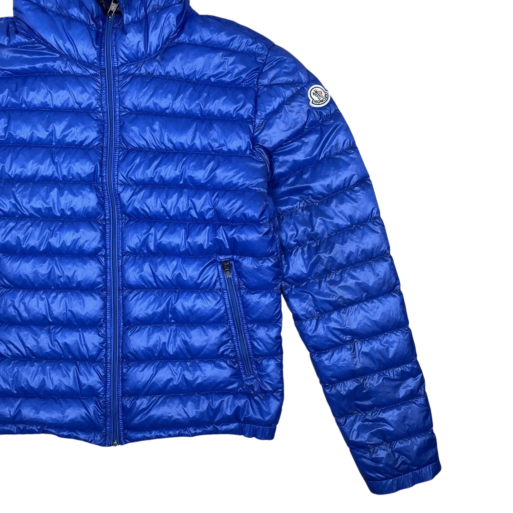 Zenno Archive Moncler Dominic Giubotto down jacket in cobalt blue with quilted texture and sleeve logo patch