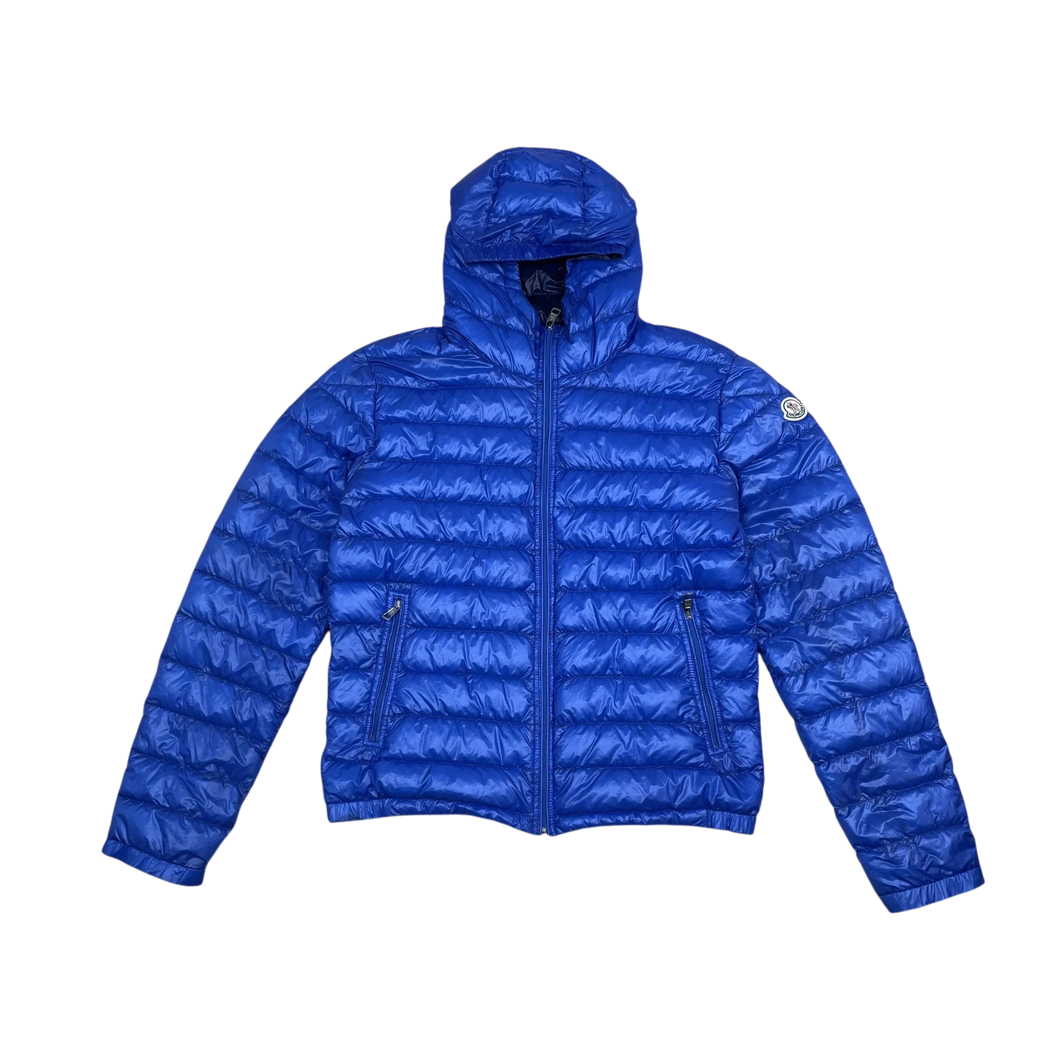 Zenno Archive Moncler Dominic Giubotto down jacket in vibrant cobalt blue with a hood and zip-up front