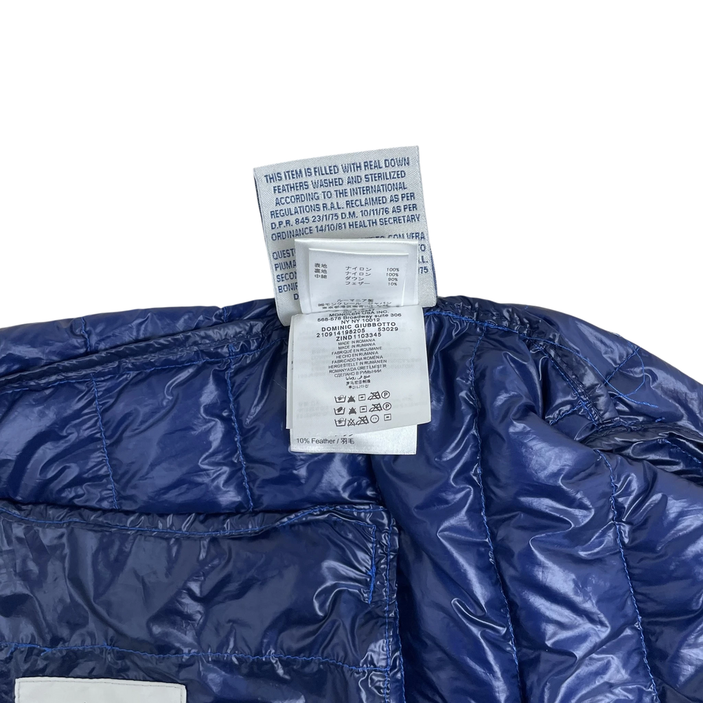 Zenno Archive Moncler Dominic Giubotto down jacket care label and material tag in cobalt blue nylon