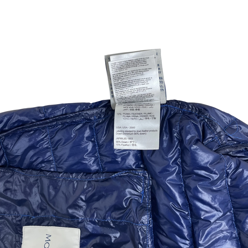 Zenno Archive Moncler Dominic Giubotto down jacket in cobalt blue with internal care and material composition label