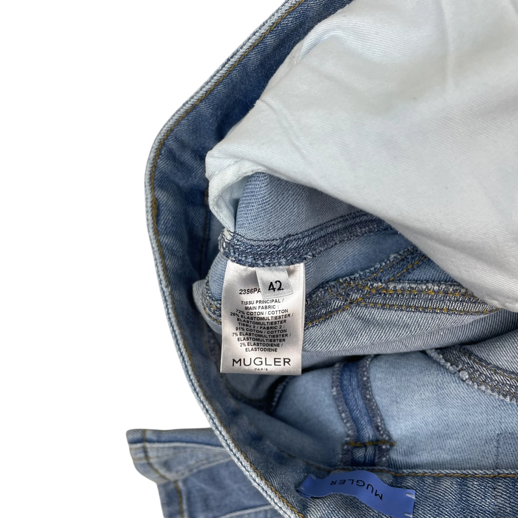 Zenno Archive Mugler spiral jeans interior label showing fabric composition and size 42 in light blue denim