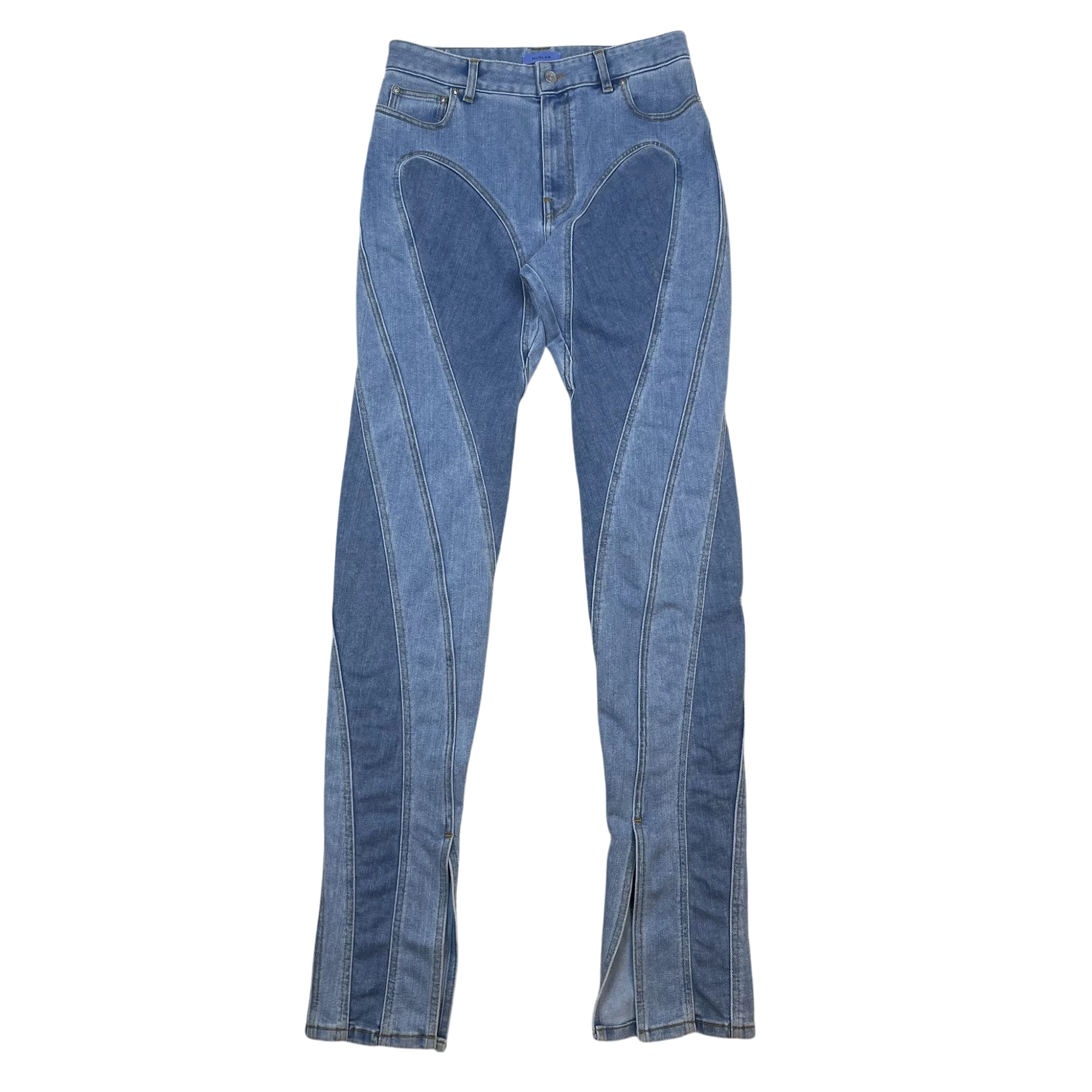 Zenno Archive Mugler light blue denim jeans featuring signature spiral paneling and side slits at the hem.