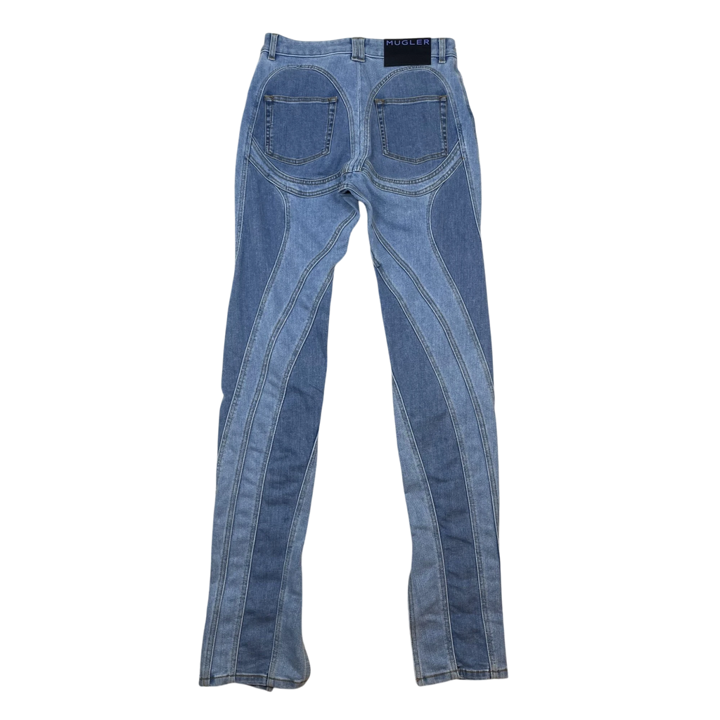 Zenno Archive Mugler spiral jeans in light blue denim featuring signature curved paneling and back patch label