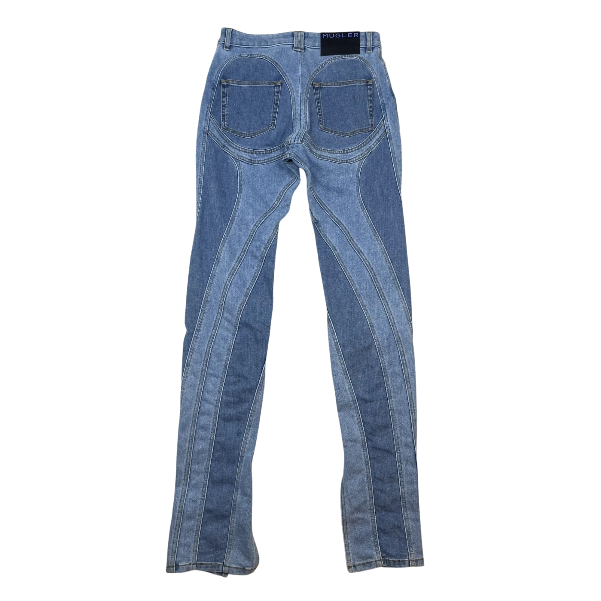 Zenno Archive Mugler spiral jeans in light blue denim featuring signature curved paneling and back patch label