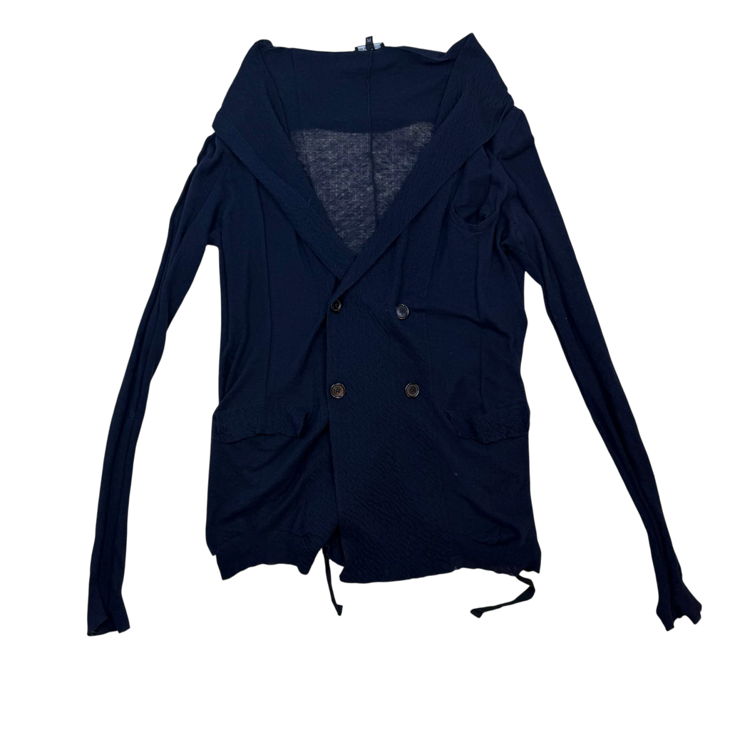 Zenno Archive Ann Demeulemeester navy cotton linen blend double-breasted tie-up cardigan with long sleeves