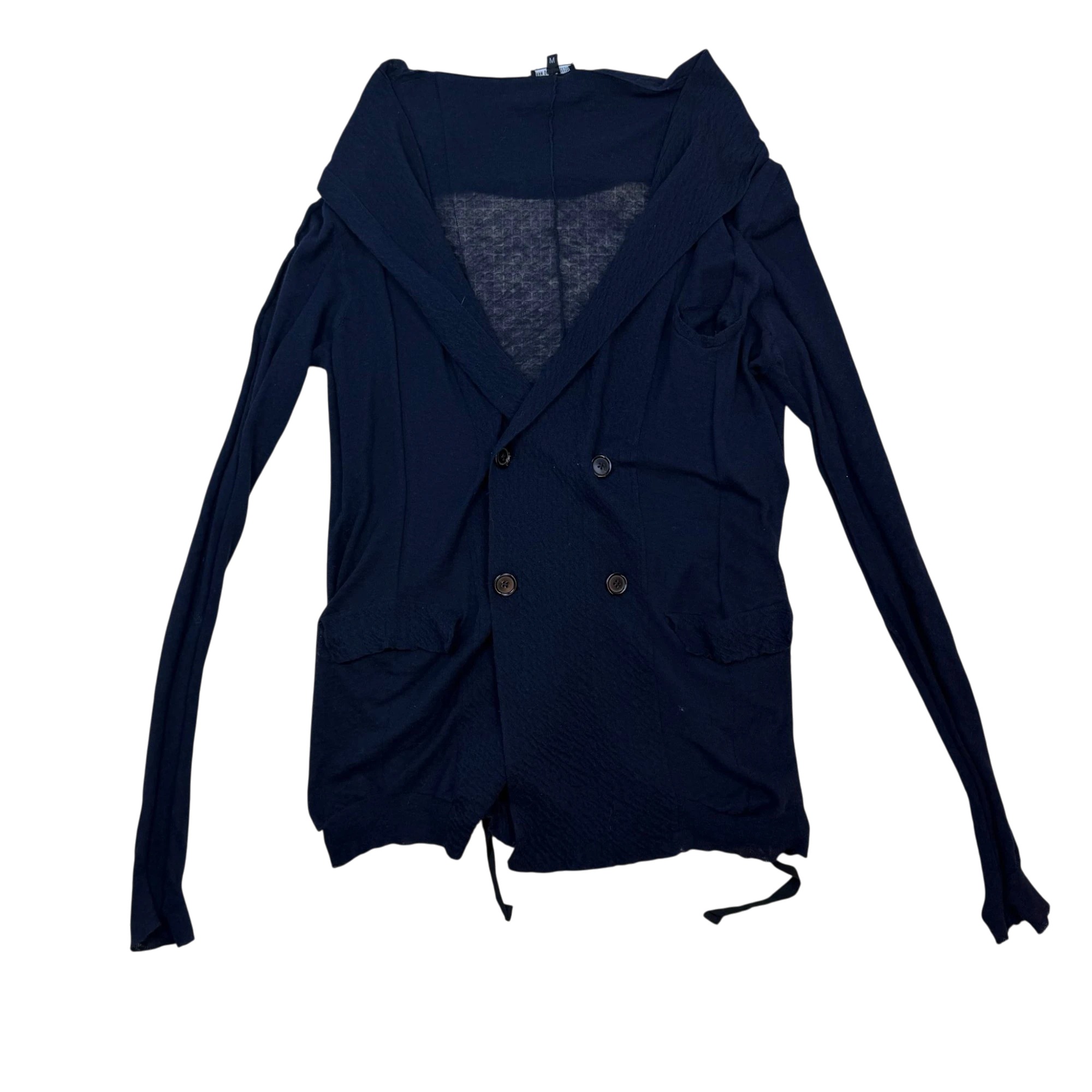 Zenno Archive Ann Demeulemeester navy cotton linen blend double-breasted tie-up cardigan with long sleeves
