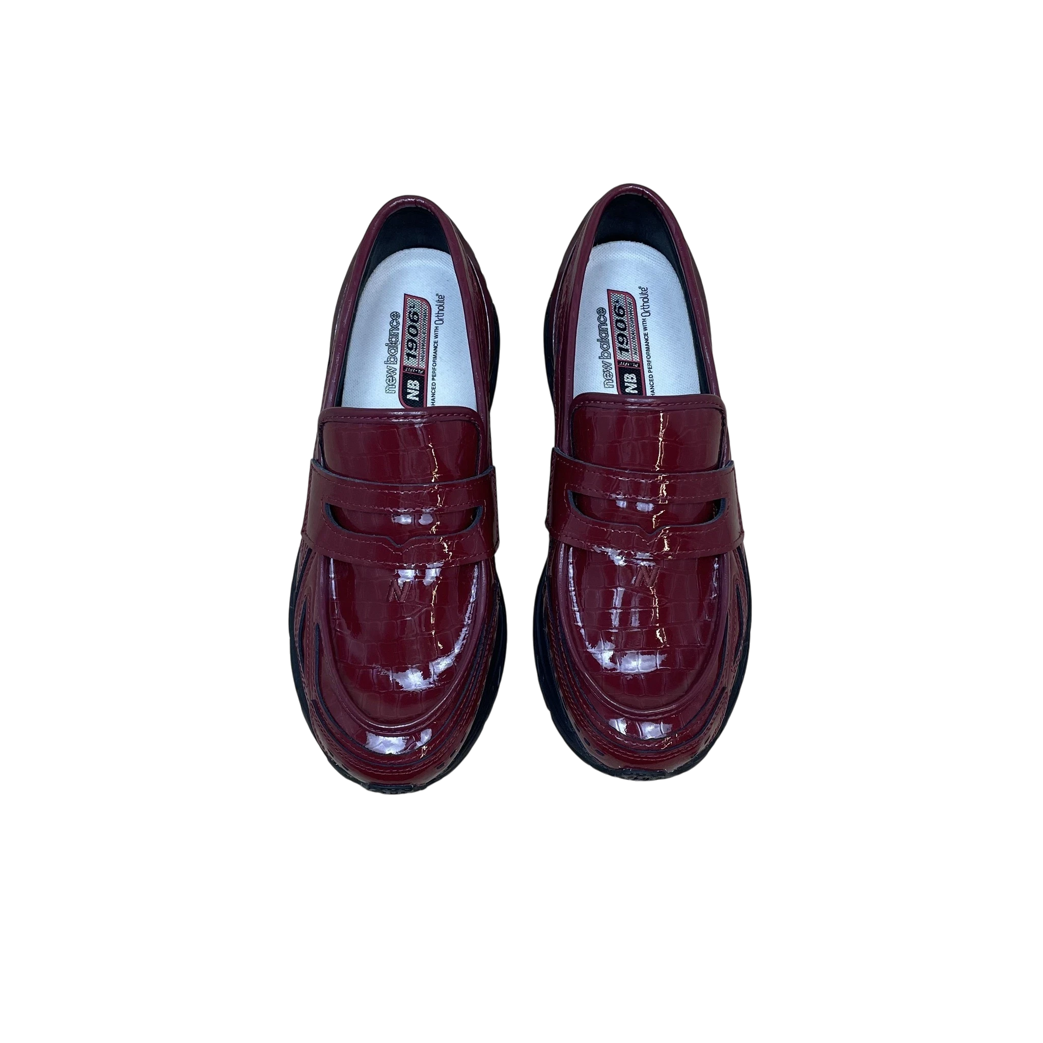 Zenno Archive New Balance 1906L loafers in maroon crocodile-embossed patent leather with a slip-on design