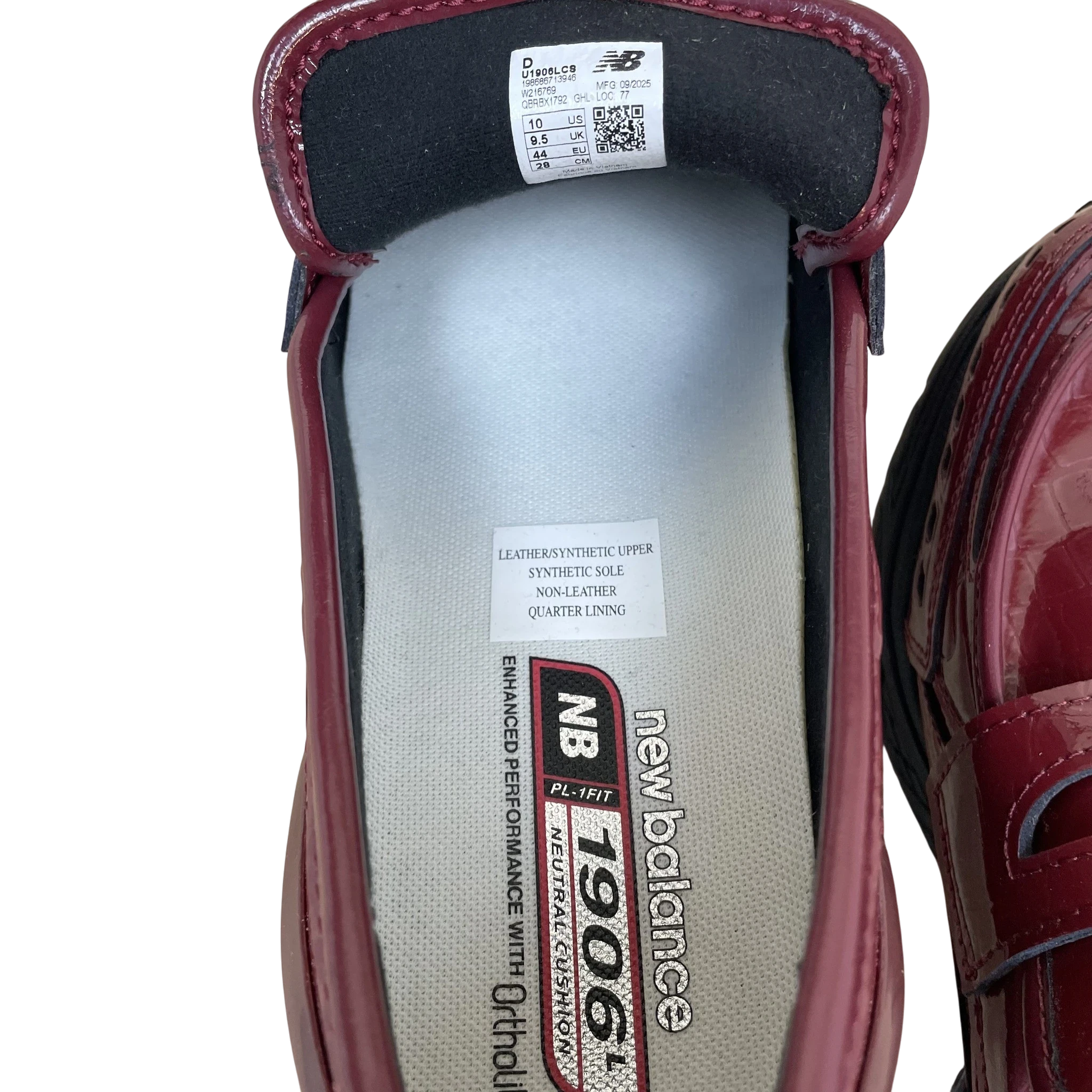 Zenno Archive New Balance 1906L loafers in maroon crocodile-embossed material with interior size and brand label