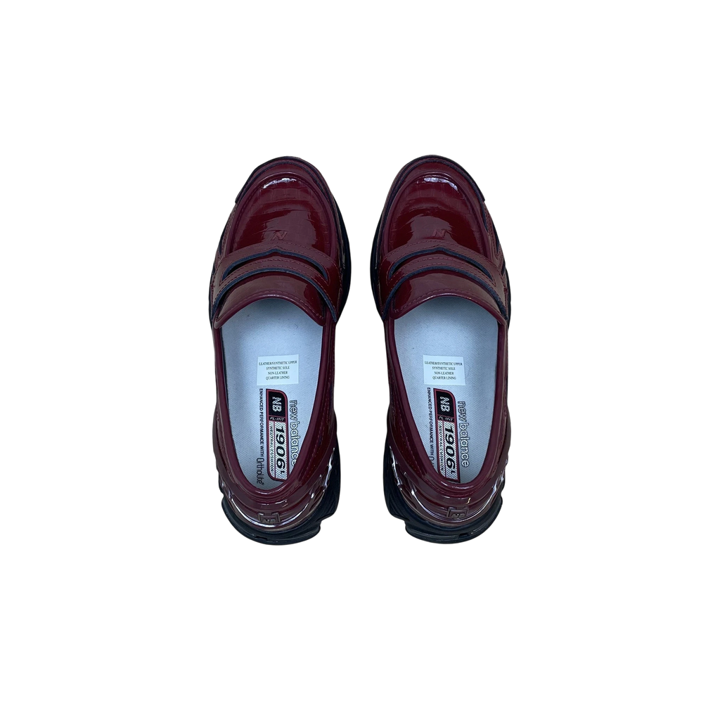 Zenno Archive New Balance 1906L loafers in maroon crocodile-embossed patent leather with a black chunky sole