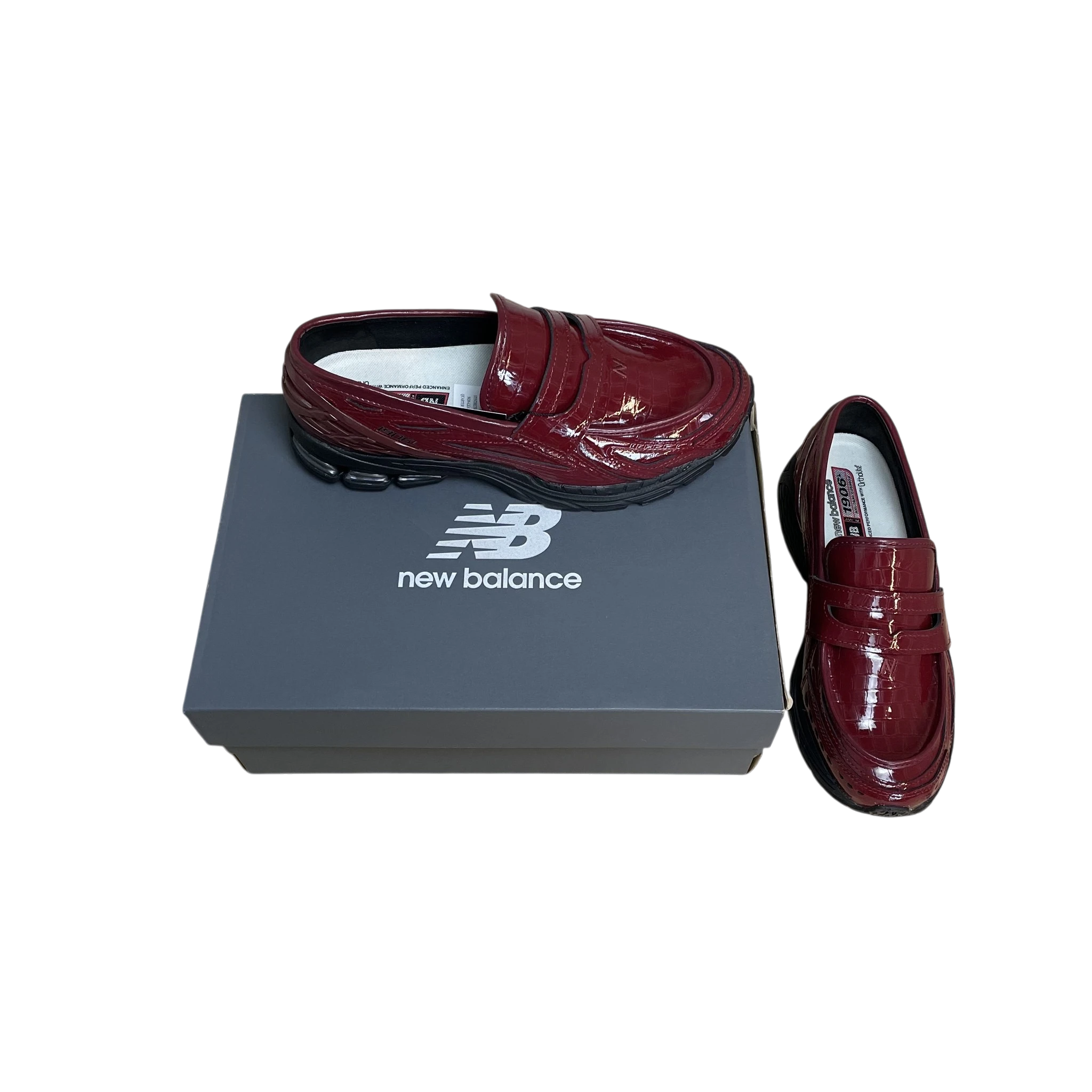Zenno Archive New Balance 1906L loafers in maroon crocodile-embossed patent leather with black performance soles.