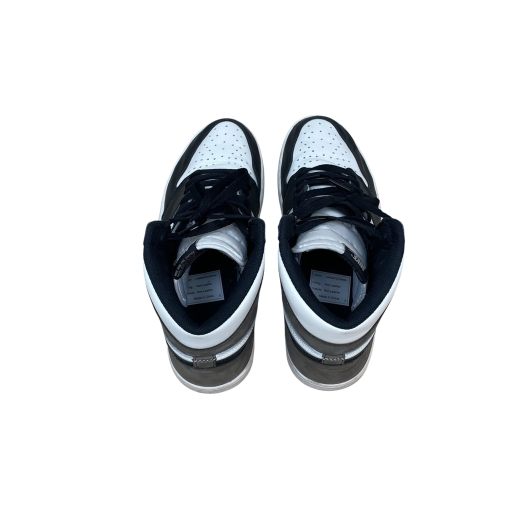 Zenno Archive Nike Air Jordan 1 Retro High OG Dark Mocha sneakers in white, black, and brown leather, top view.