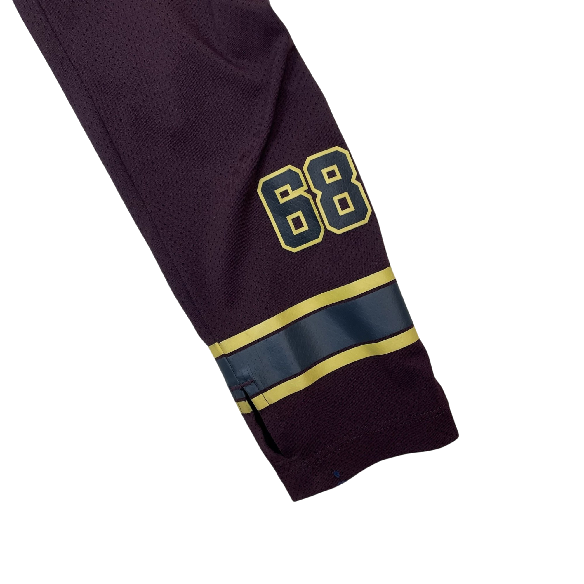 Zenno Archive Nike x Undercover Gyakusou burgundy performance jacket sleeve with yellow 68 graphic and stripe detail