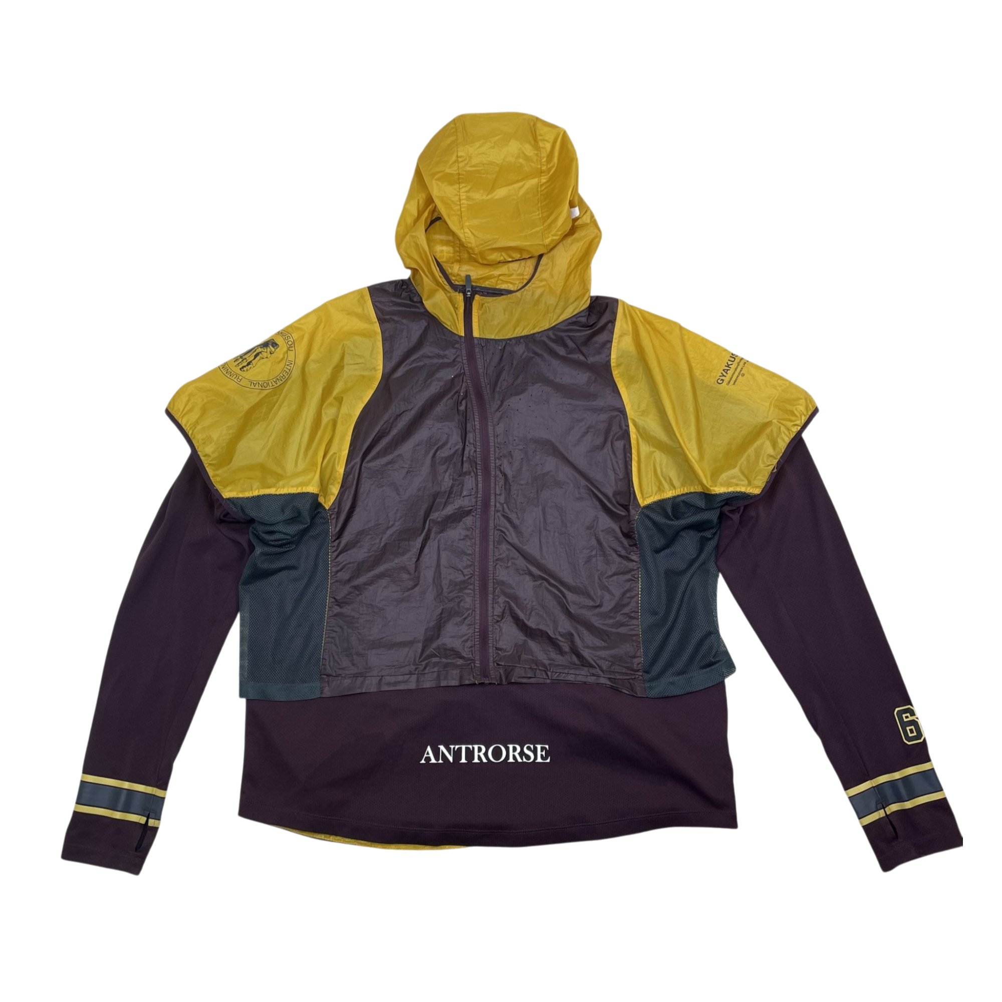 Zenno Archive Nike x Undercover Gyakusou SS19 Transform jacket in burgundy and yellow with hooded design