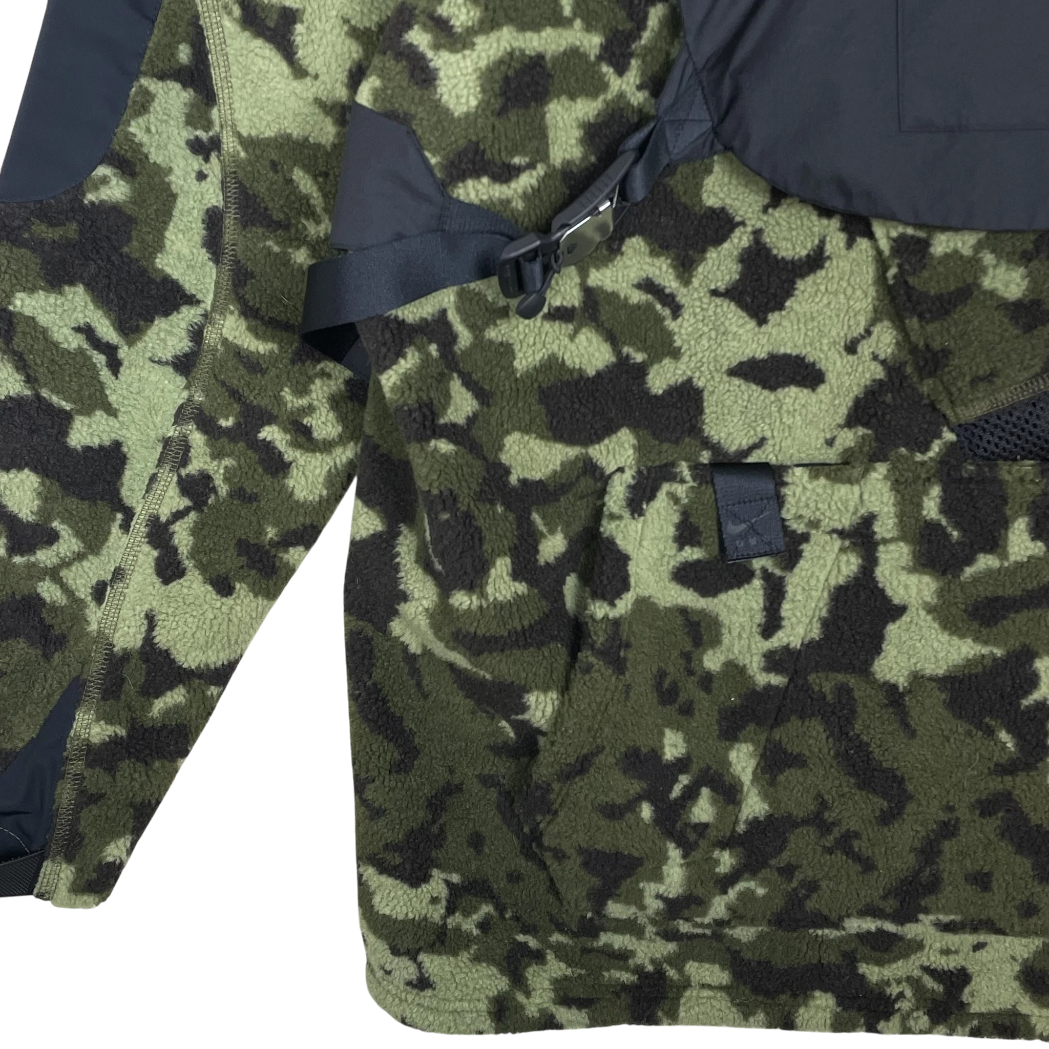 Zenno Archive Nike x MMW SS19 fleece jacket in camo green and black with technical buckle strap detailing