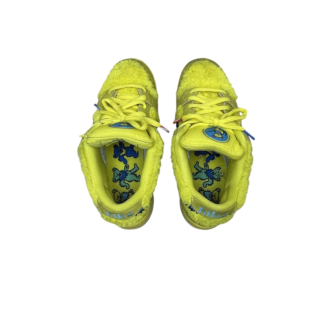 Zenno Archive Nike SB Dunk Low Grateful Dead sneakers in bright yellow faux fur with bear graphic insoles