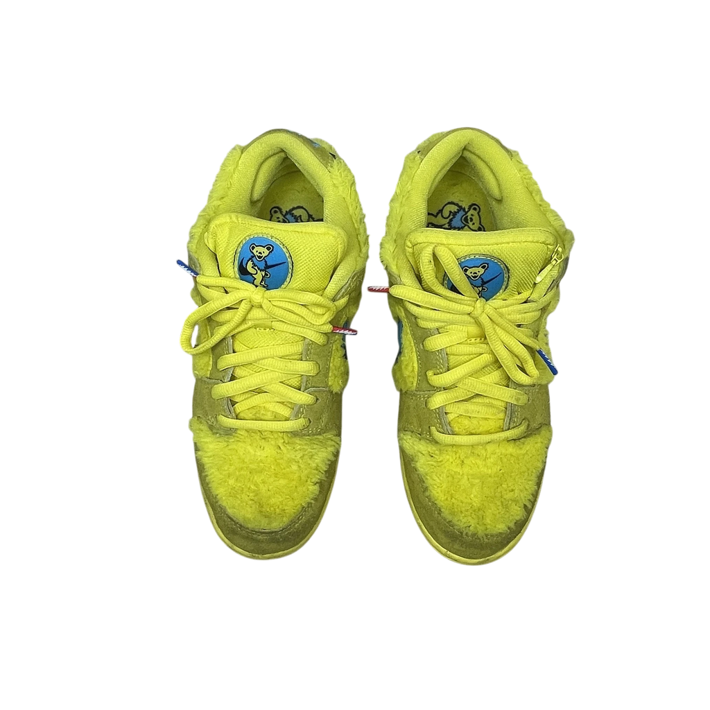 Zenno Archive Nike SB Dunk Low Grateful Dead sneakers in bright yellow faux fur with bear logo tongue patches.