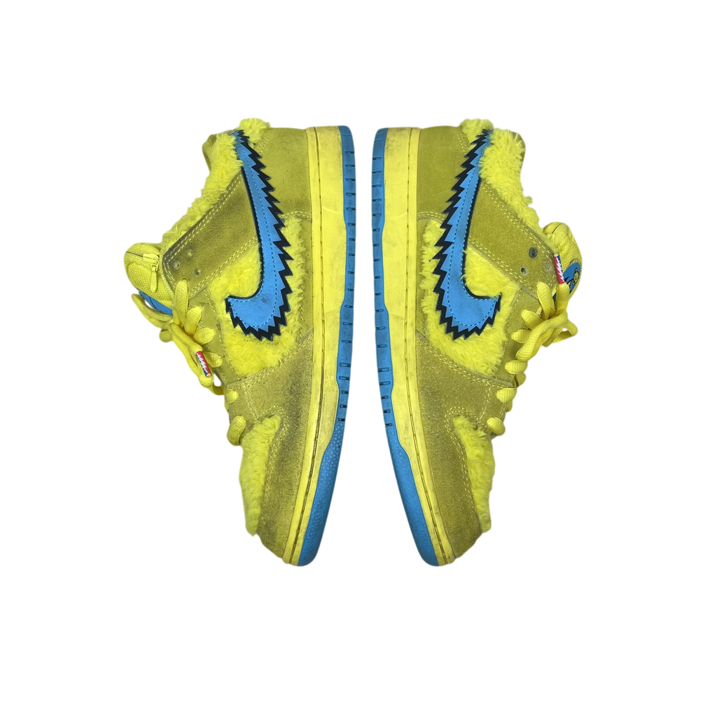 Zenno Archive Nike SB Dunk Low Grateful Dead sneakers in yellow fuzzy suede with a jagged blue leather swoosh
