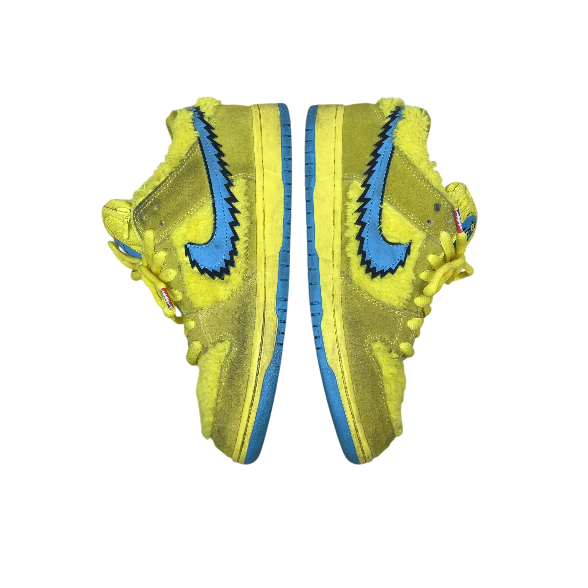 Zenno Archive Nike SB Dunk Low Grateful Dead sneakers in yellow fuzzy suede with a jagged blue leather swoosh