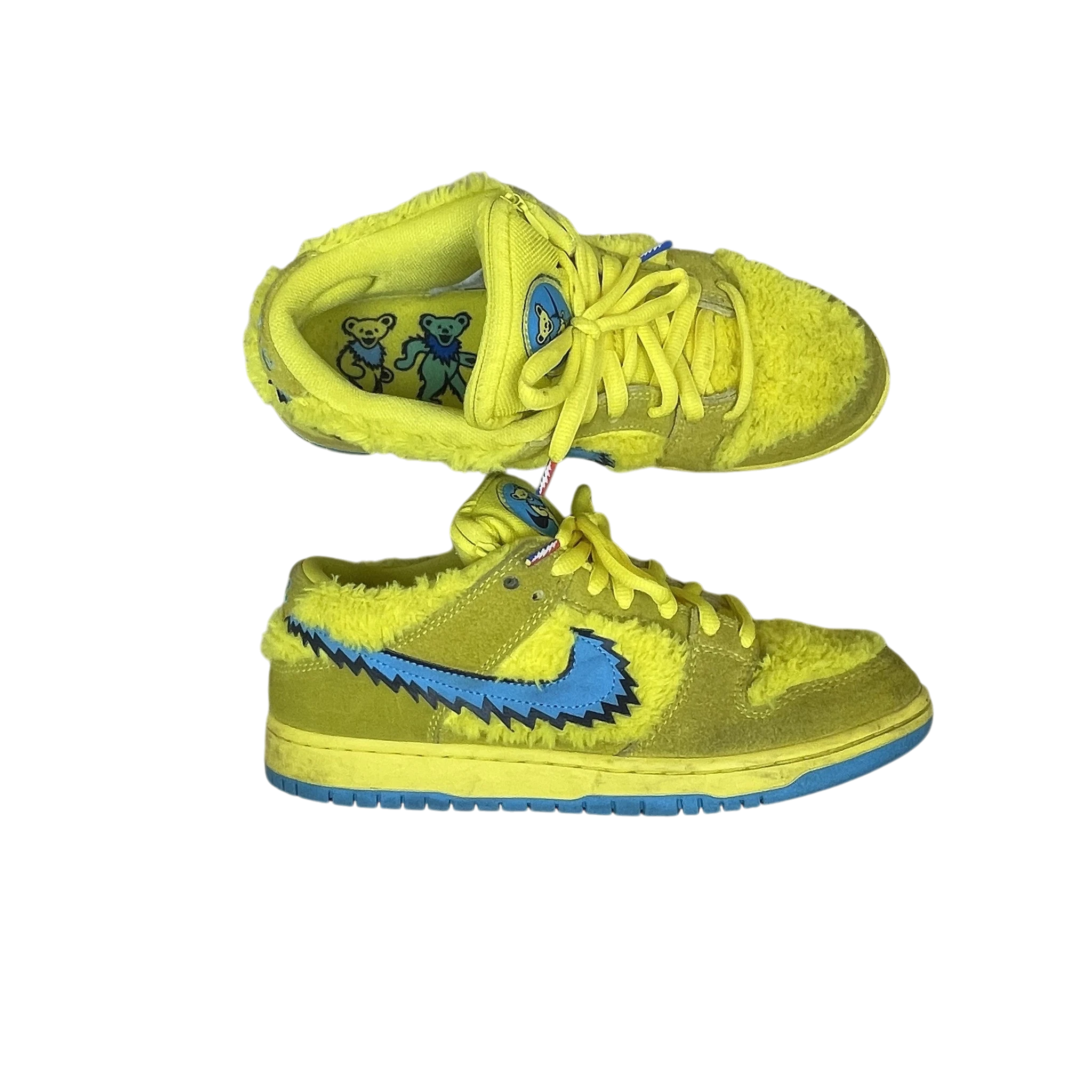 Zenno Archive Nike SB Dunk Low Grateful Dead sneakers in yellow fuzzy faux fur with a jagged blue swoosh.