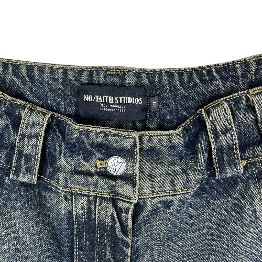 Zenno Archive NO/FAITH STUDIOS blue denim jeans featuring a branded metal button and interior waist label