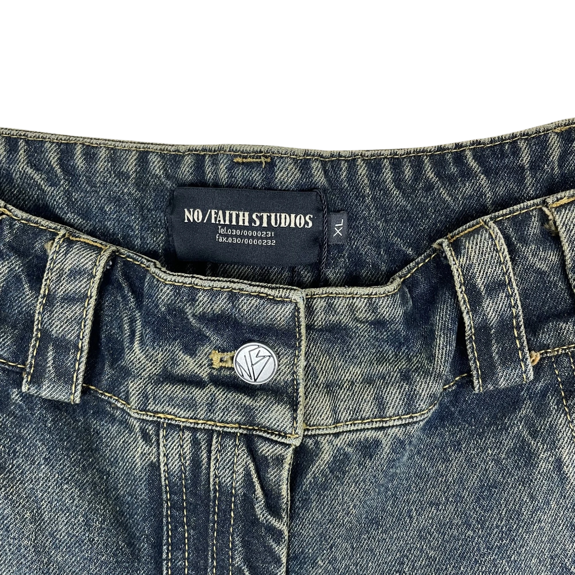 Zenno Archive NO/FAITH STUDIOS blue denim jeans featuring a branded metal button and interior waist label