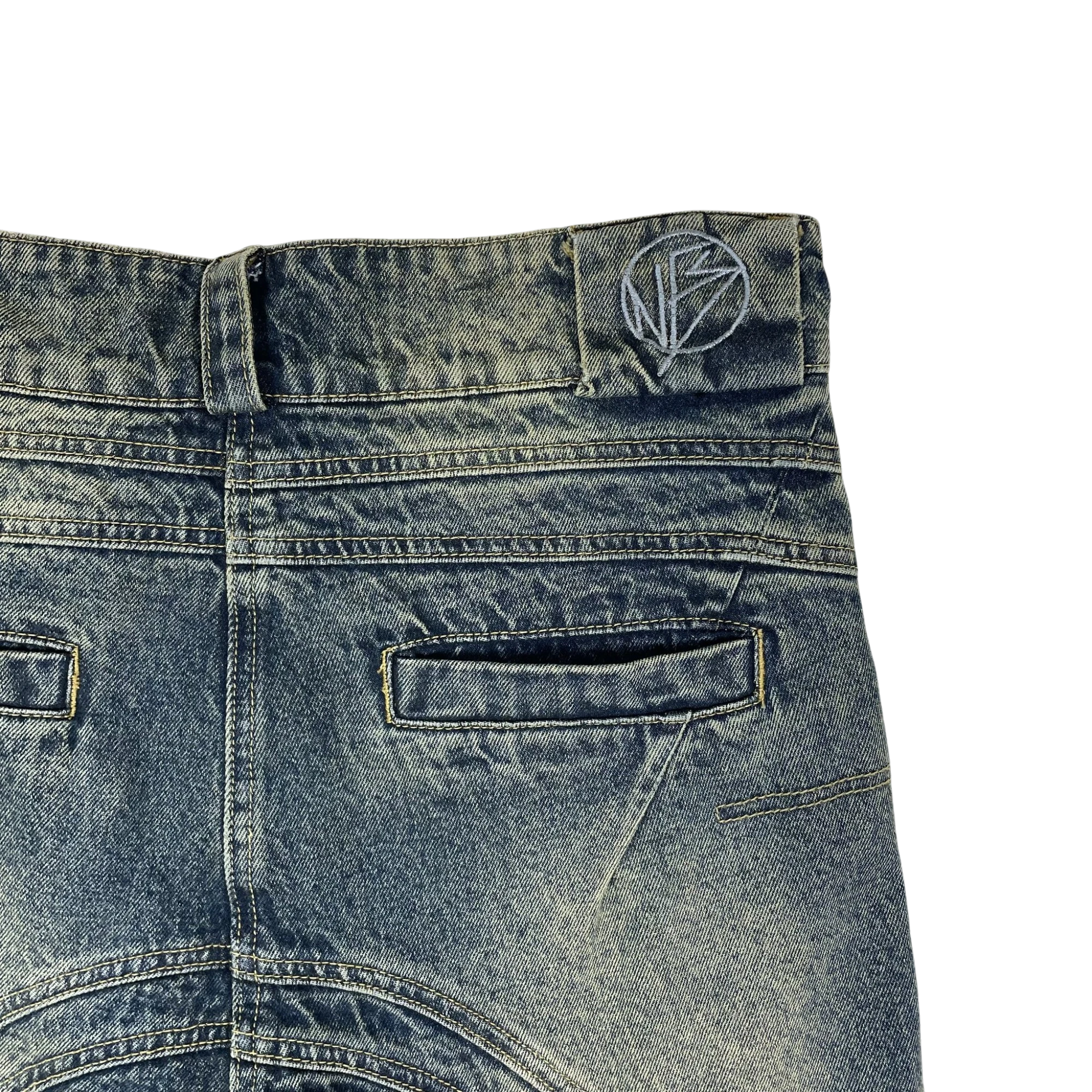 Zenno Archive NO/FAITH STUDIOS blue heavy wave denim jeans with back pocket detail and embroidered logo patch