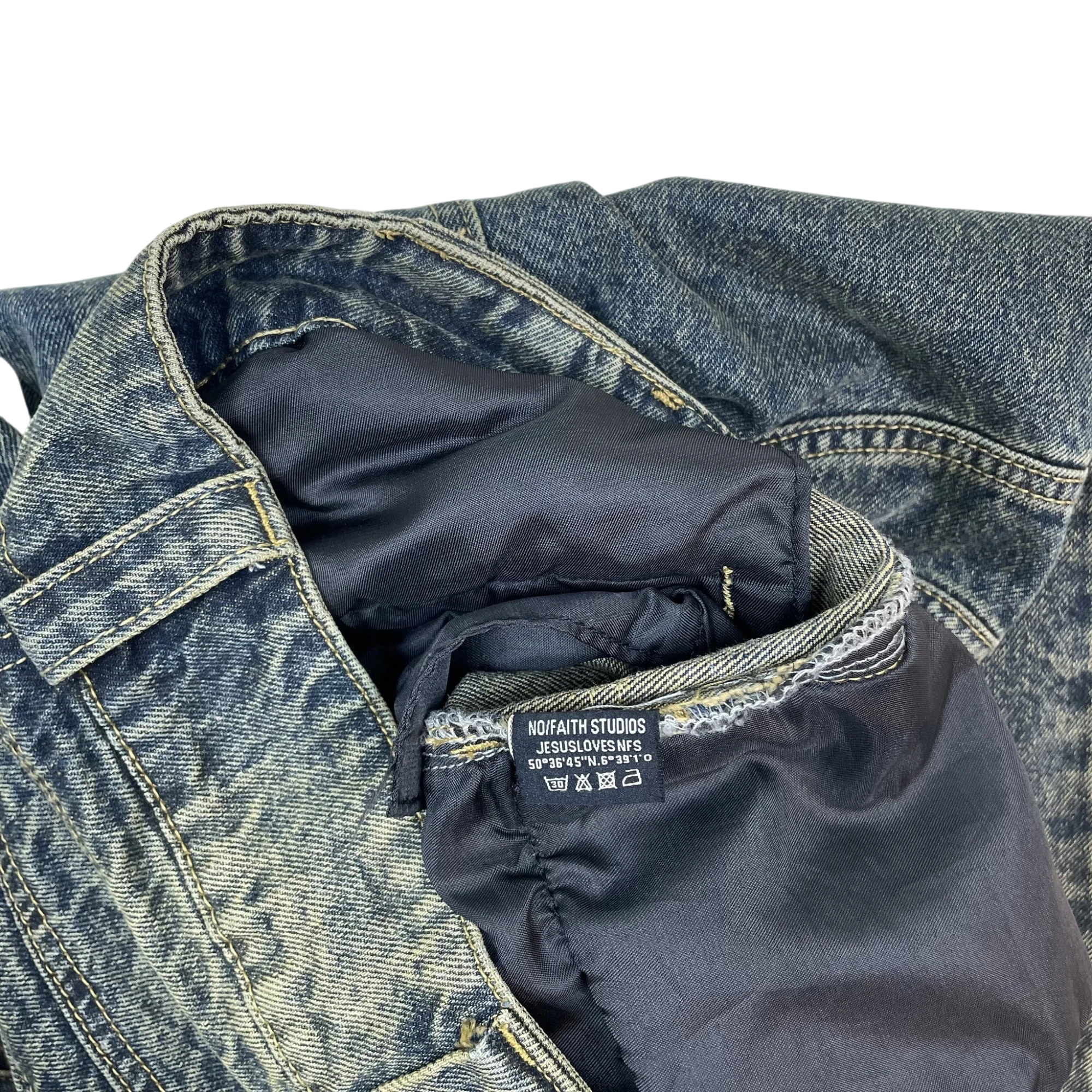 Zenno Archive NO/FAITH STUDIOS blue heavy wave denim jeans with black interior lining and branded care label