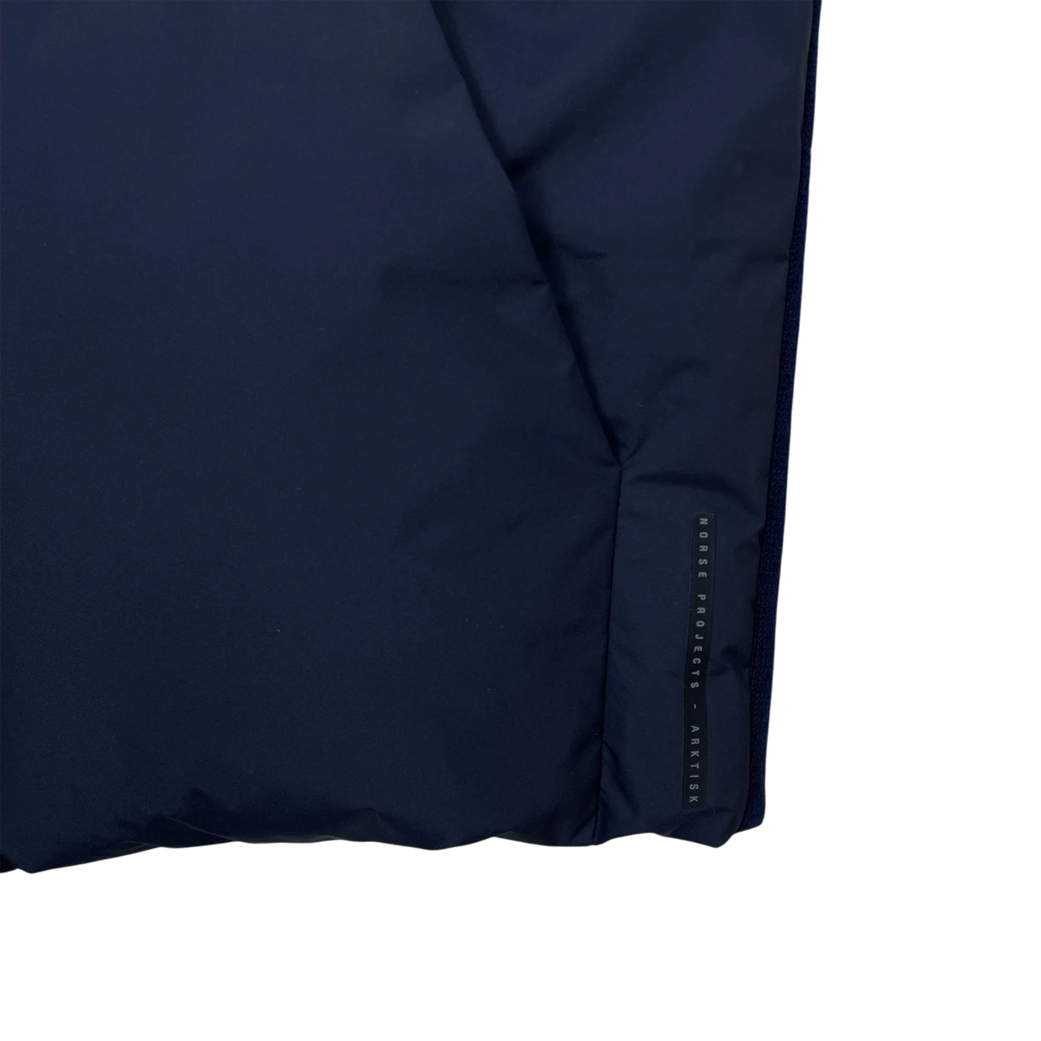 Zenno Archive Norse Projects ARKTISK hybrid down vest in navy with branded detail on the side
