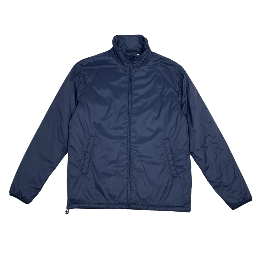 Zenno Archive Norse Projects navy blue insulated waterproof jacket with a high collar and full zip front closure.