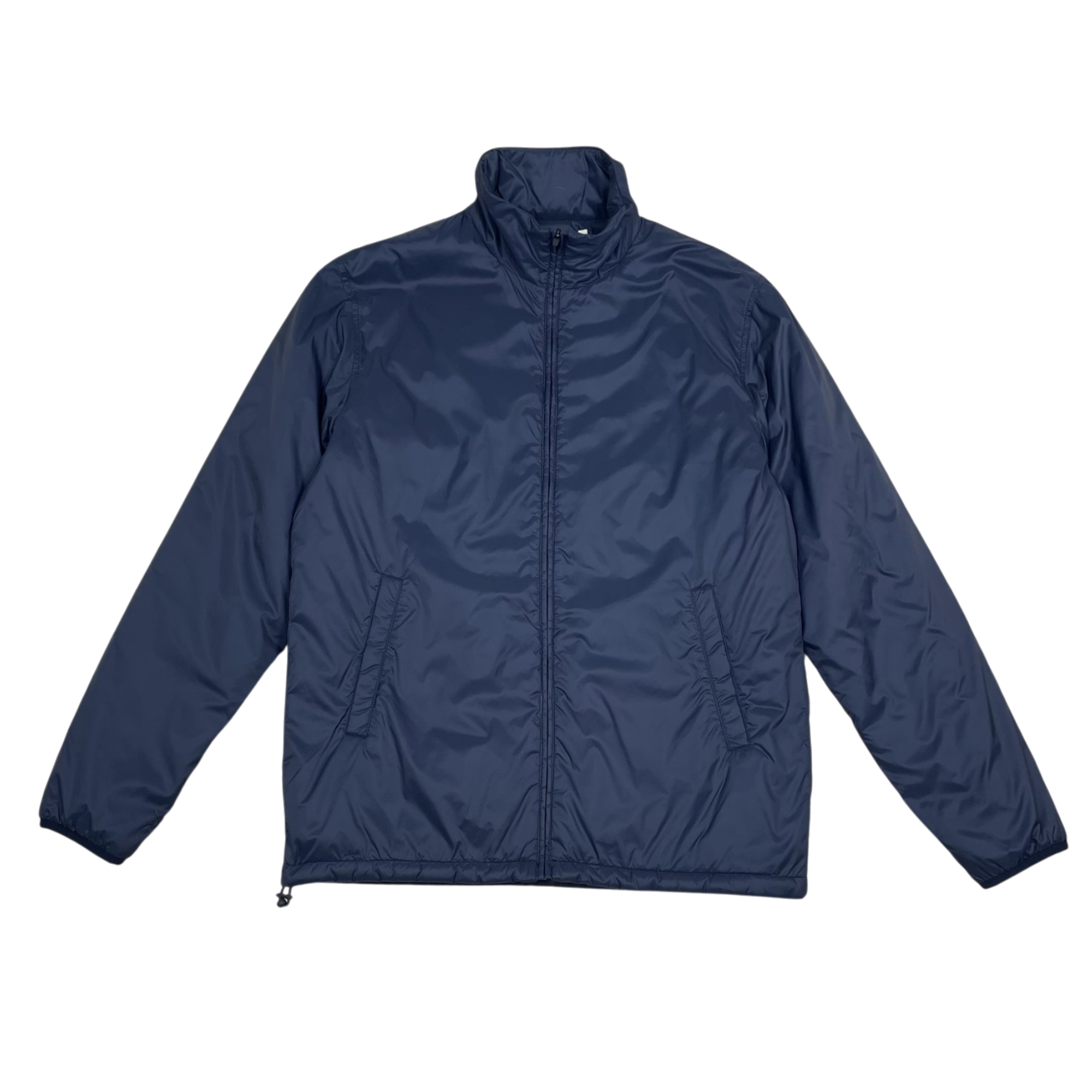 Zenno Archive Norse Projects navy blue insulated waterproof jacket with a high collar and full zip front closure.