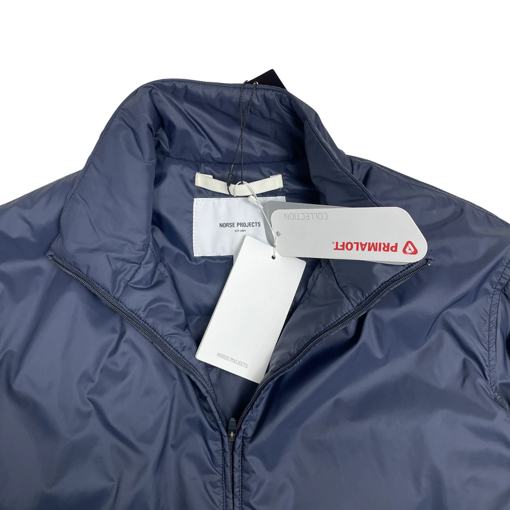 Zenno Archive Norse Projects navy insulated waterproof jacket with Primaloft tag and high collar