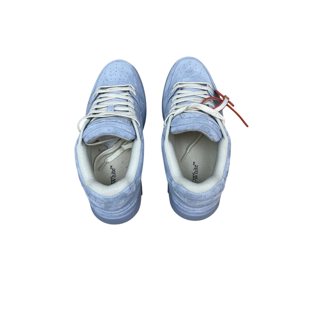 Zenno Archive Off-White Out Of Office light blue suede sneakers with signature red zip tie tag, top-down view.