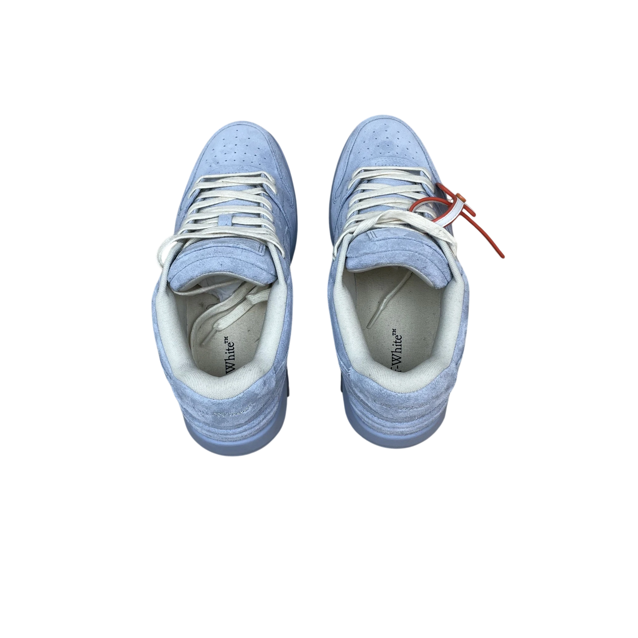 Zenno Archive Off-White Out Of Office light blue suede sneakers with signature red zip tie tag, top-down view.