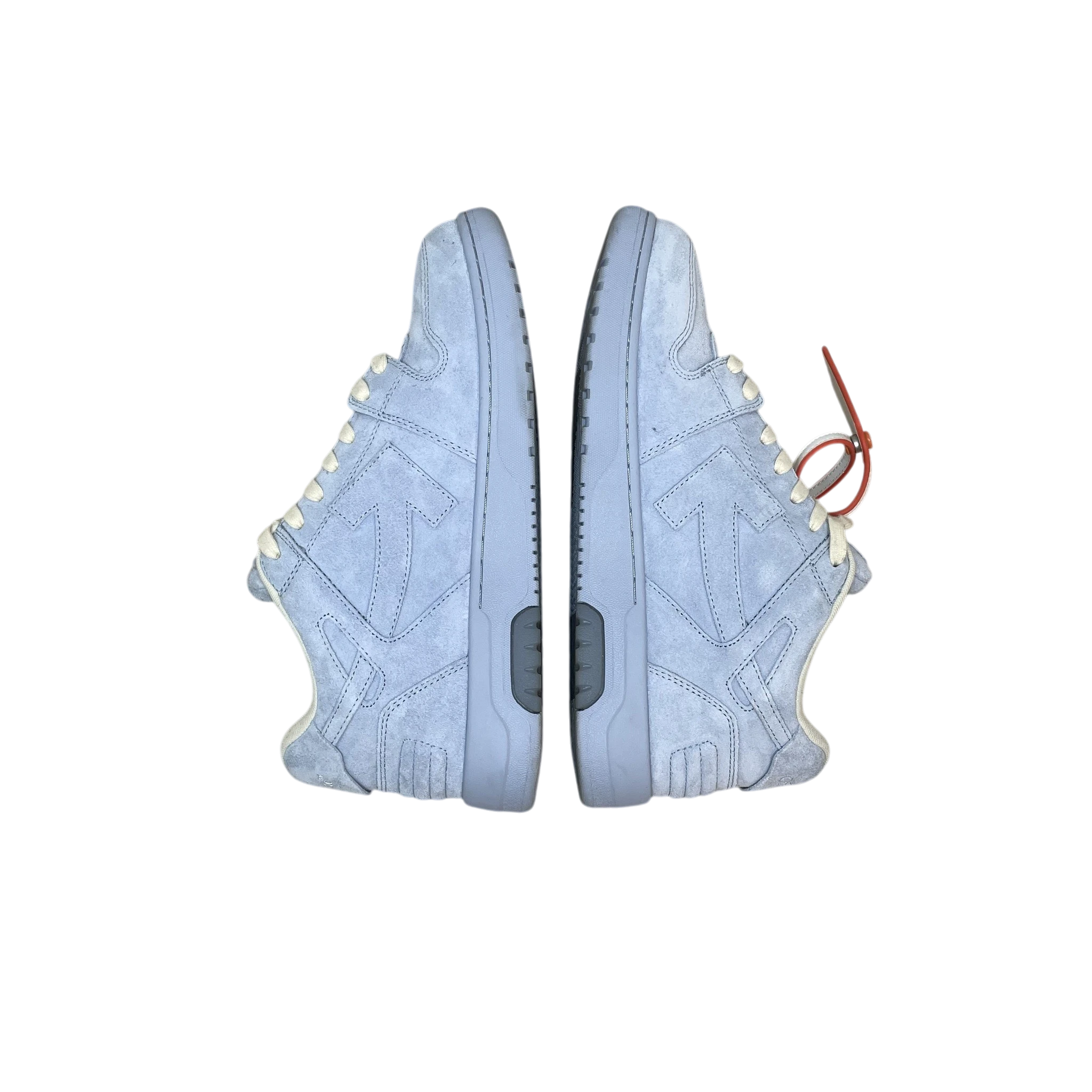Zenno Archive Off-White Out Of Office light blue suede sneakers with signature arrow logo and red zip tie tag