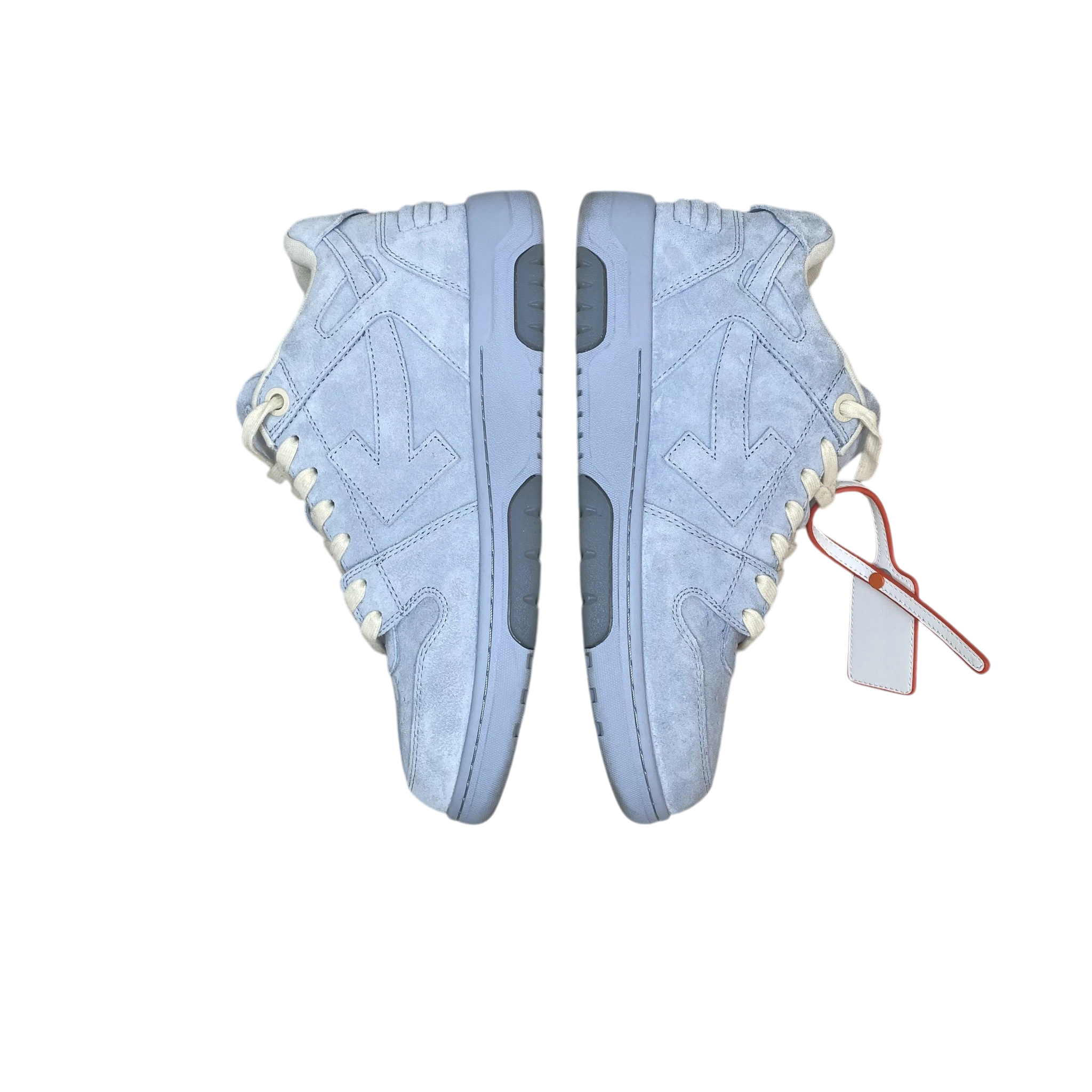 Zenno Archive Off-White Out Of Office light blue suede sneakers with signature side arrow and red zip tie tag