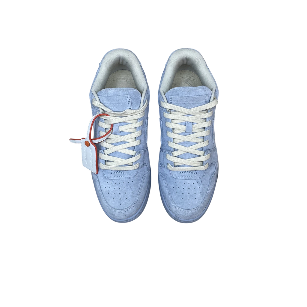 Zenno Archive Off-White Out Of Office light blue suede sneakers with white laces and signature zip tie tag