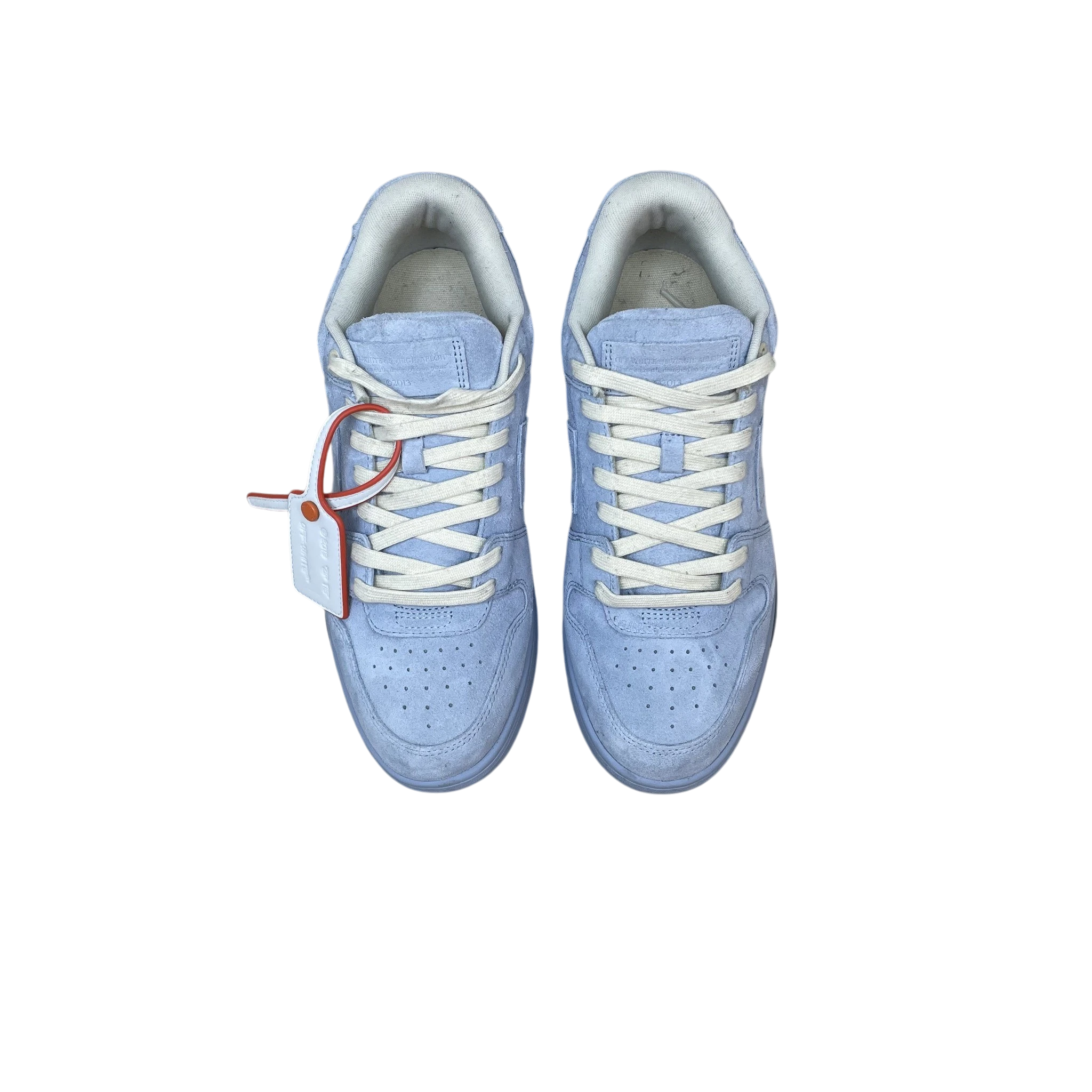 Zenno Archive Off-White Out Of Office light blue suede sneakers with white laces and signature zip tie tag