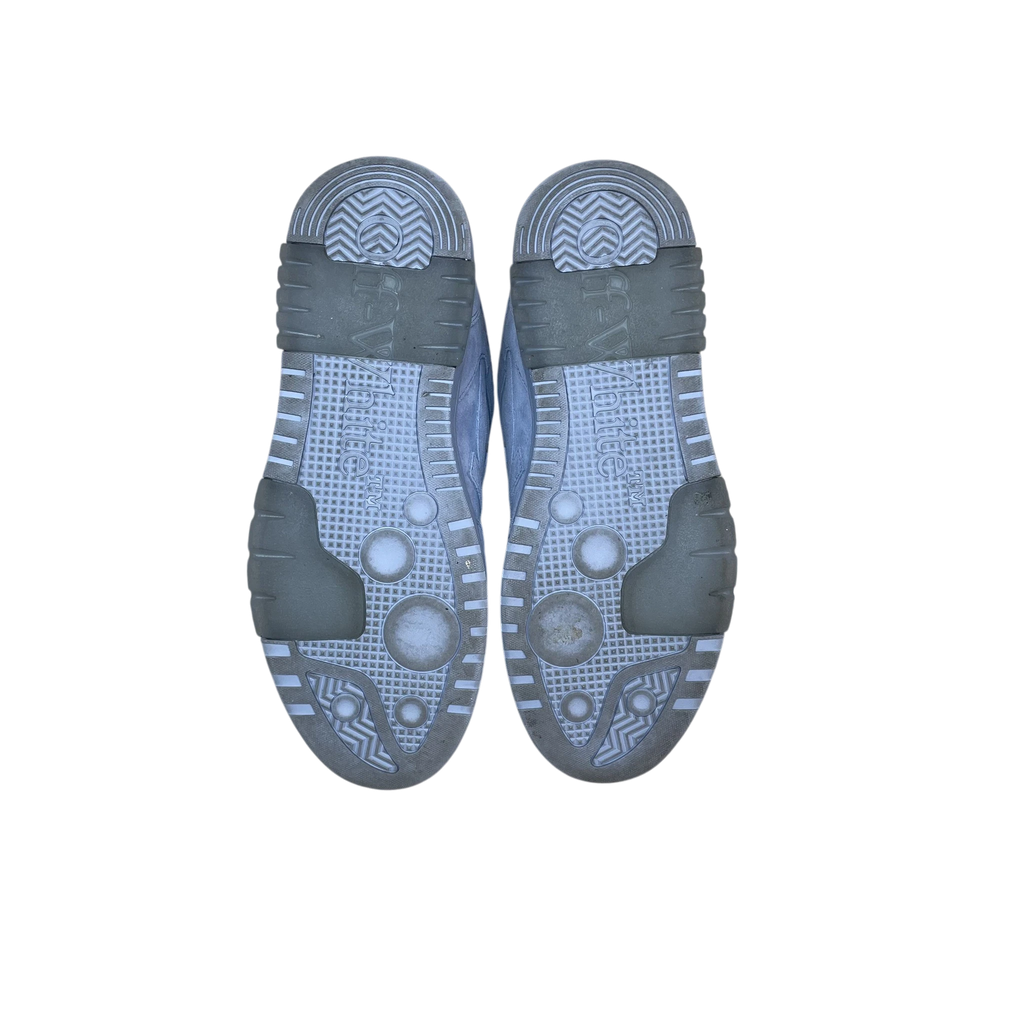 Zenno Archive Off-White Out Of Office light blue suede sneakers showing the textured rubber outsoles