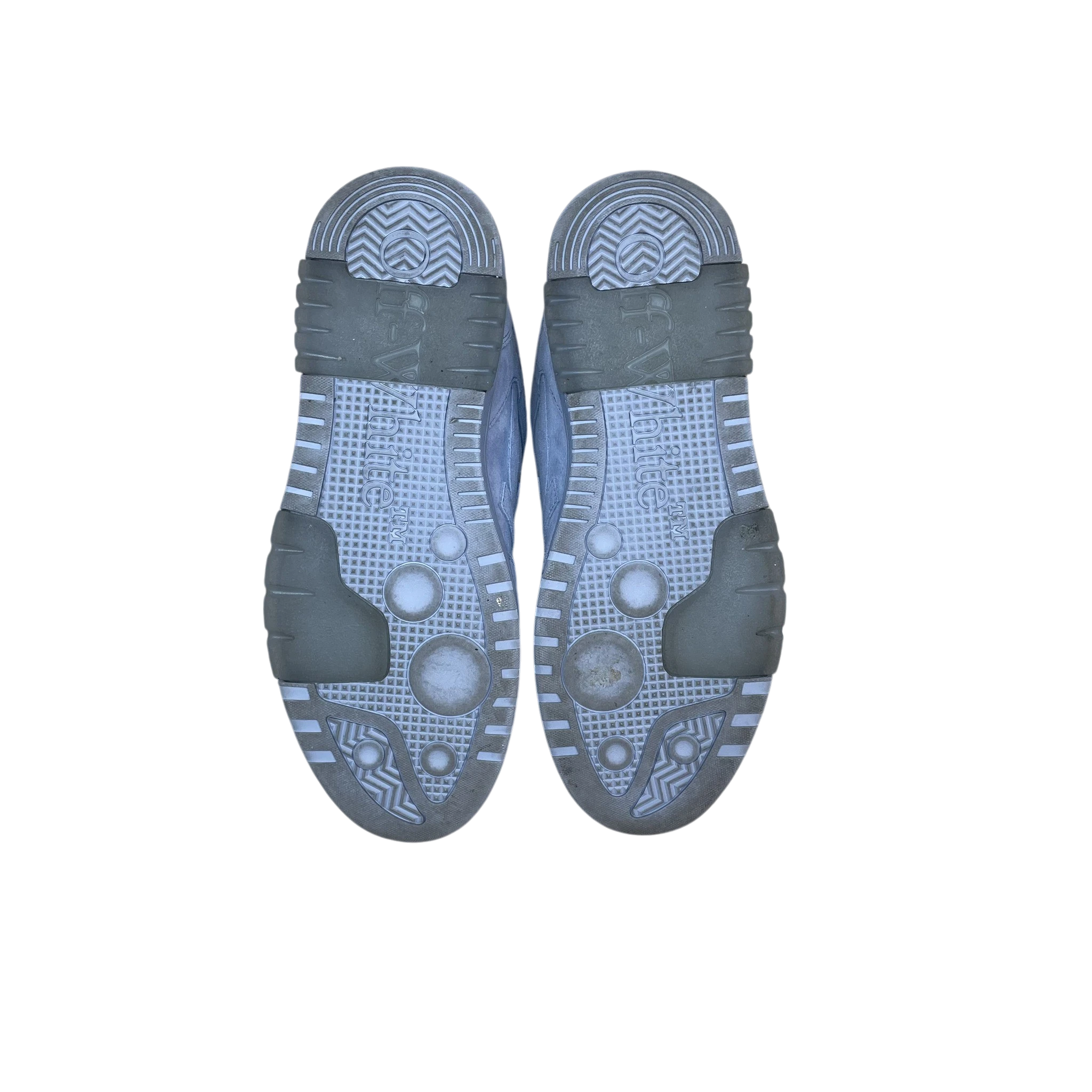 Zenno Archive Off-White Out Of Office light blue suede sneakers showing the textured rubber outsoles